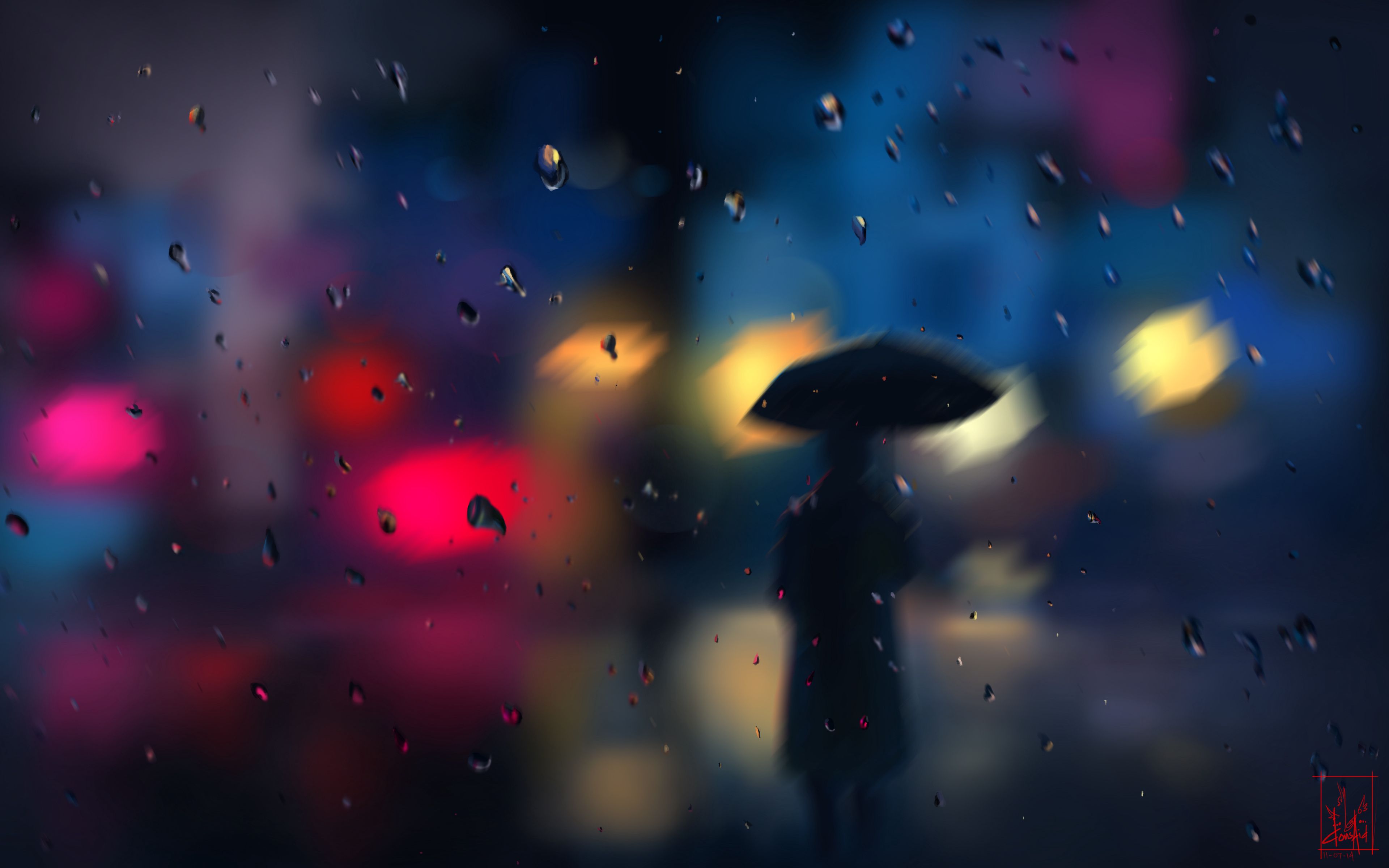 Download wallpaper 3840x2400 silhouette, rain, blur, drops, bokeh, lights 4k ultra HD 16:10 HD background