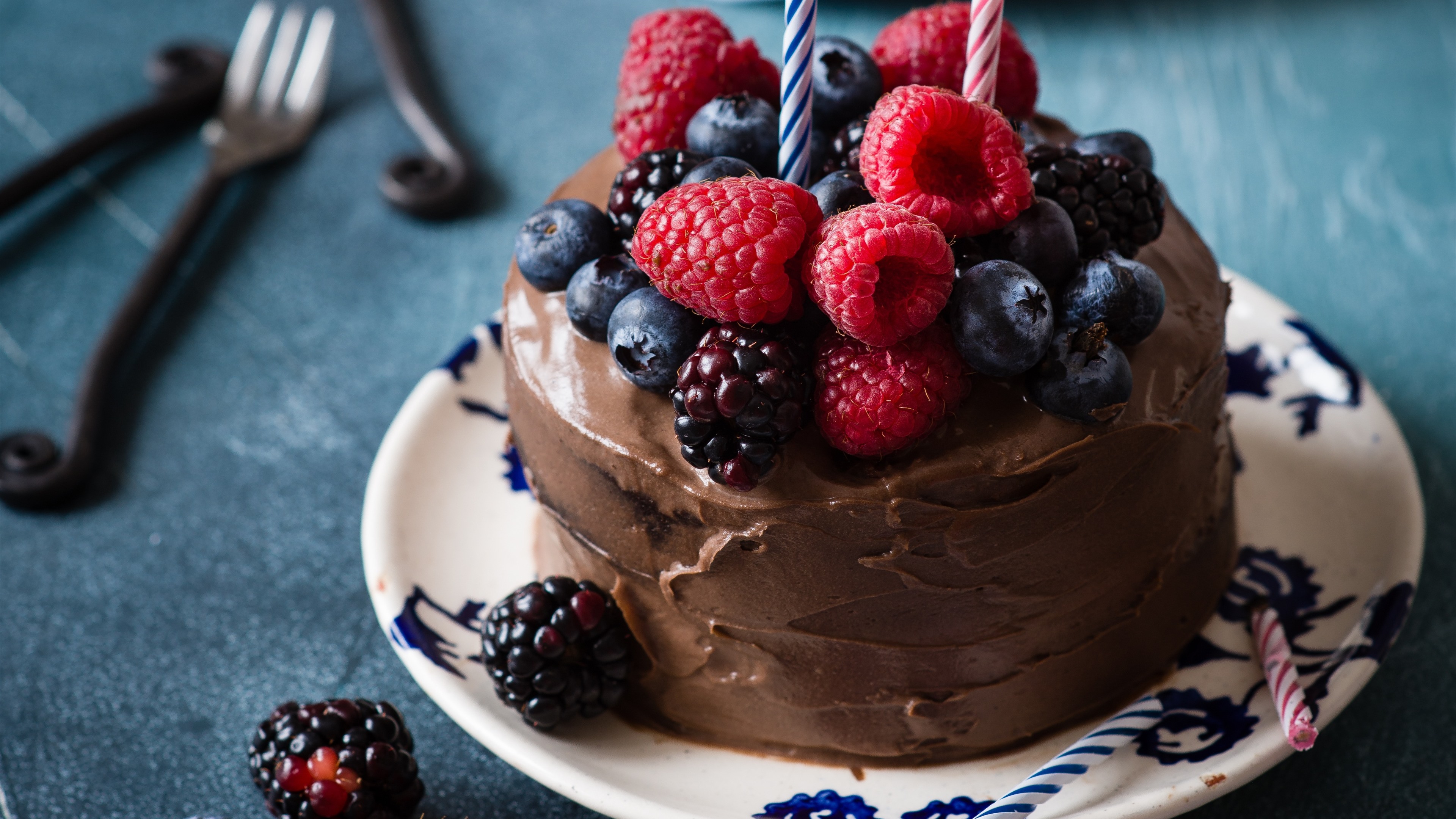 Wallpaper Chocolate cake, berries, candles 3840x2160 UHD 4K Picture, Image