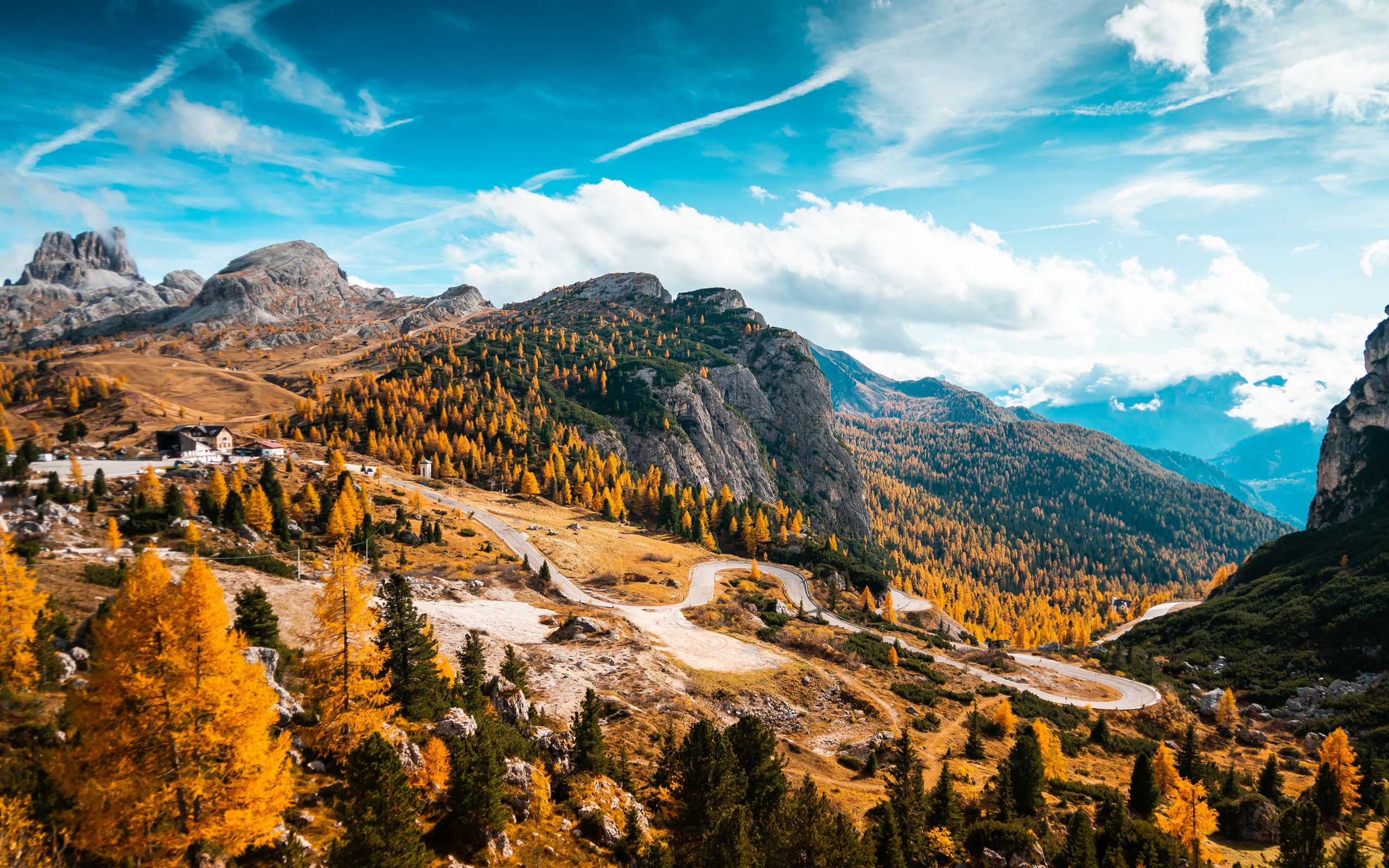 Download wallpaper 2560x1600 italy mountains, autumn, forest, aerial view, curvy roads, dual wide 16:10 2560x1600 HD background, 26779