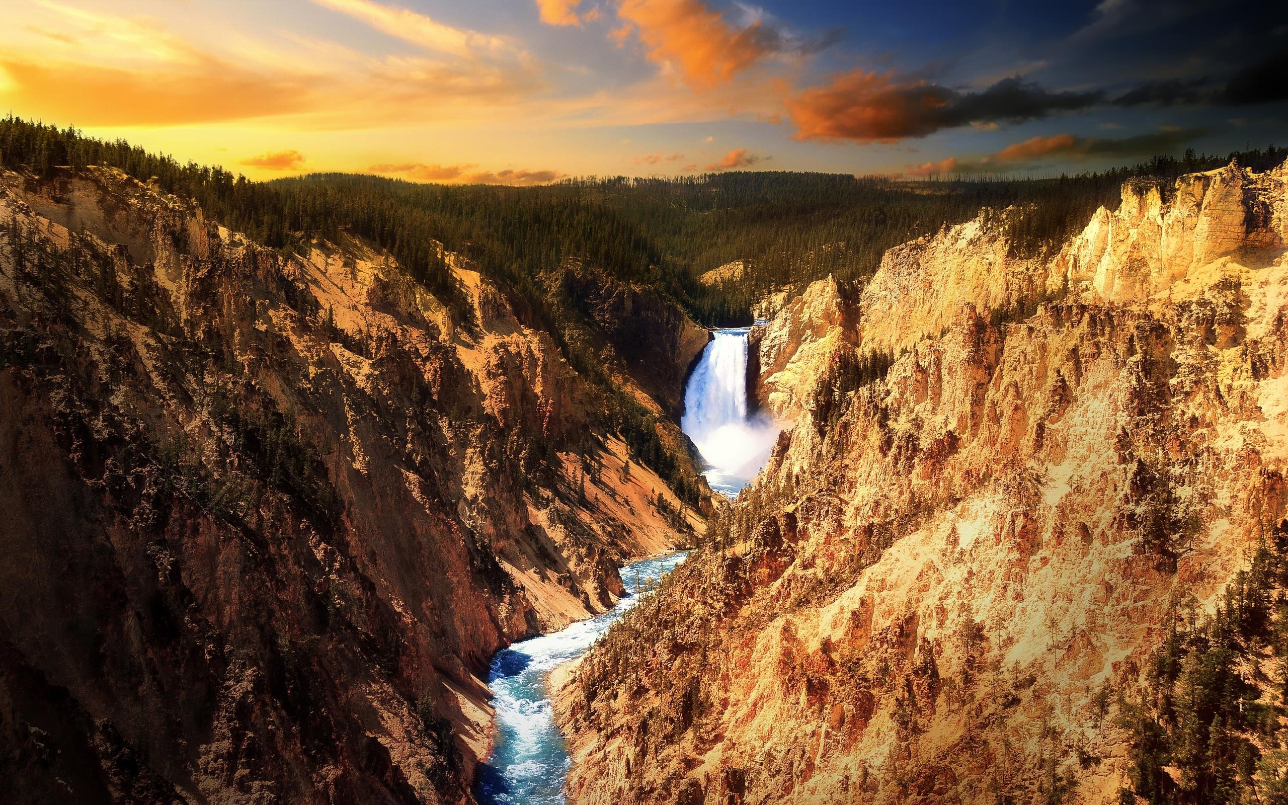 Wallpaper, landscape, waterfall, sunset, rock, nature, sky, clouds, coast, cliff, river, canyon, wilderness, Formation, Terrain, autumn, mountain, geology, geological phenomenon, water feature 2560x1600