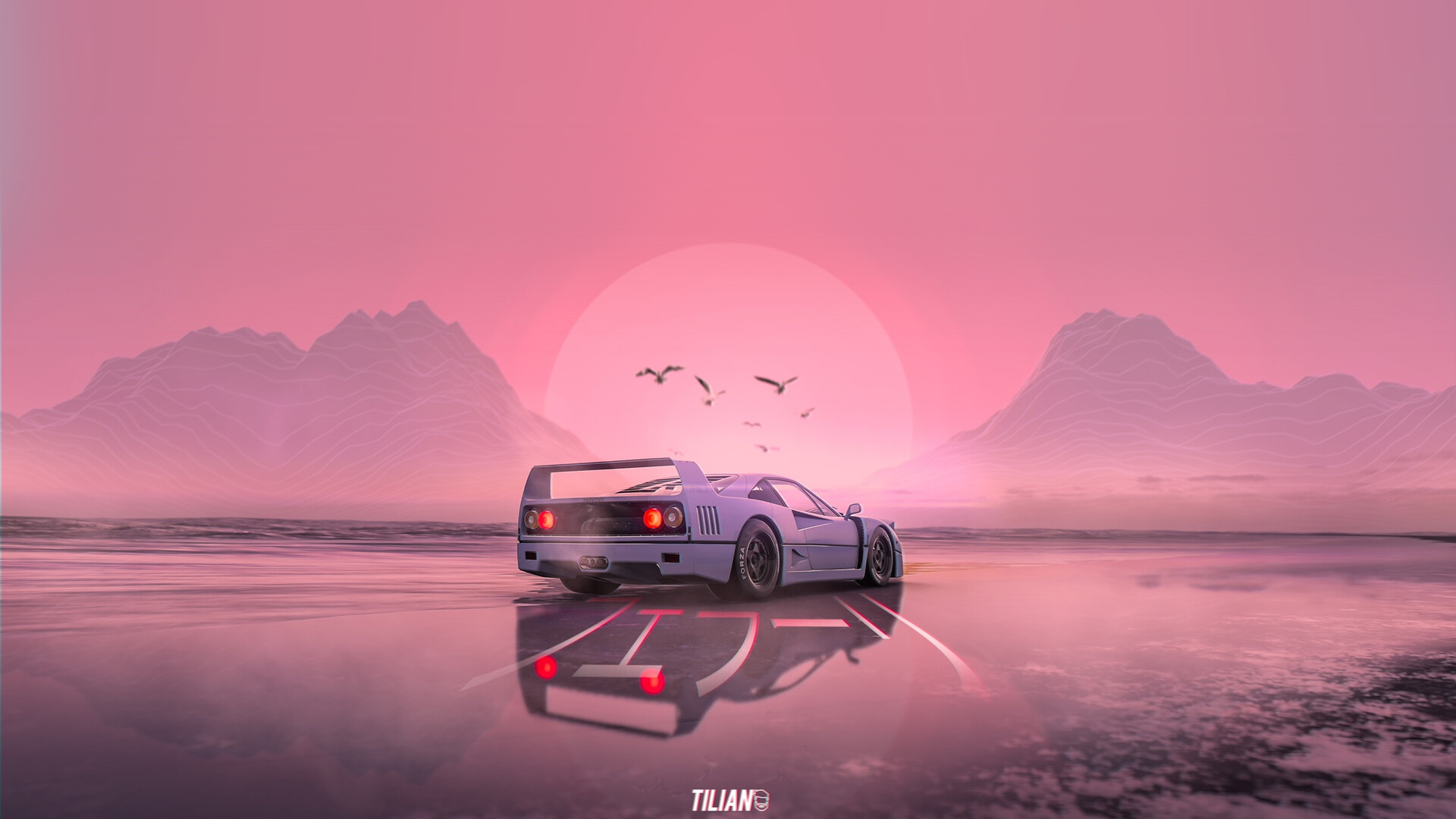 Download wallpaper Sunset, The sun, Music, White, Style, Background, Ferrari, F40, 80s, Style, Supercar, Neon, Illustration, Sports car, 80's, Synth, section rendering in resolution 1920x1080