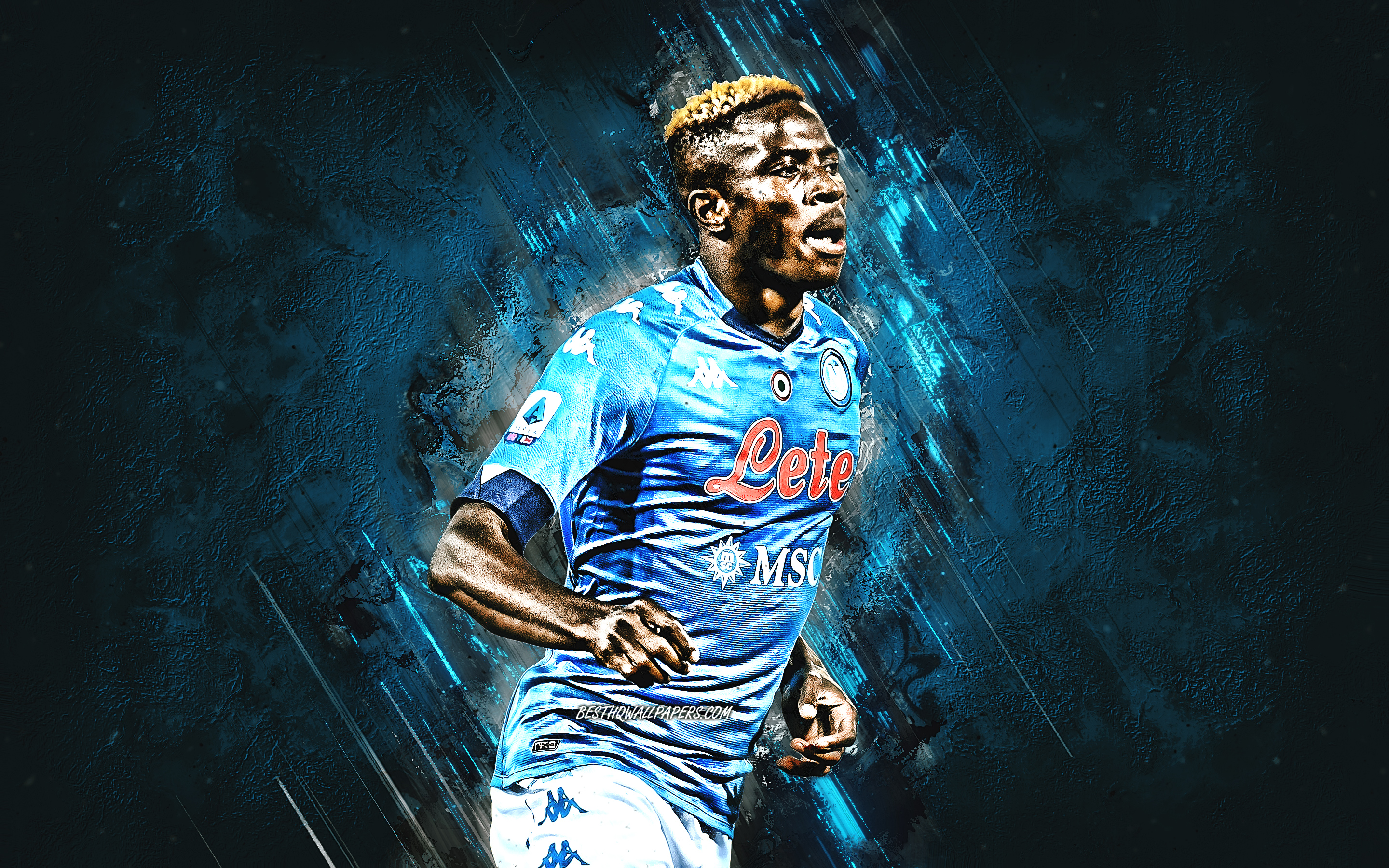 Download wallpaper Victor Osimhen, Napoli, Nigerian footballer, portrait, blue stone background, football, Italy for desktop with resolution 2880x1800. High Quality HD picture wallpaper