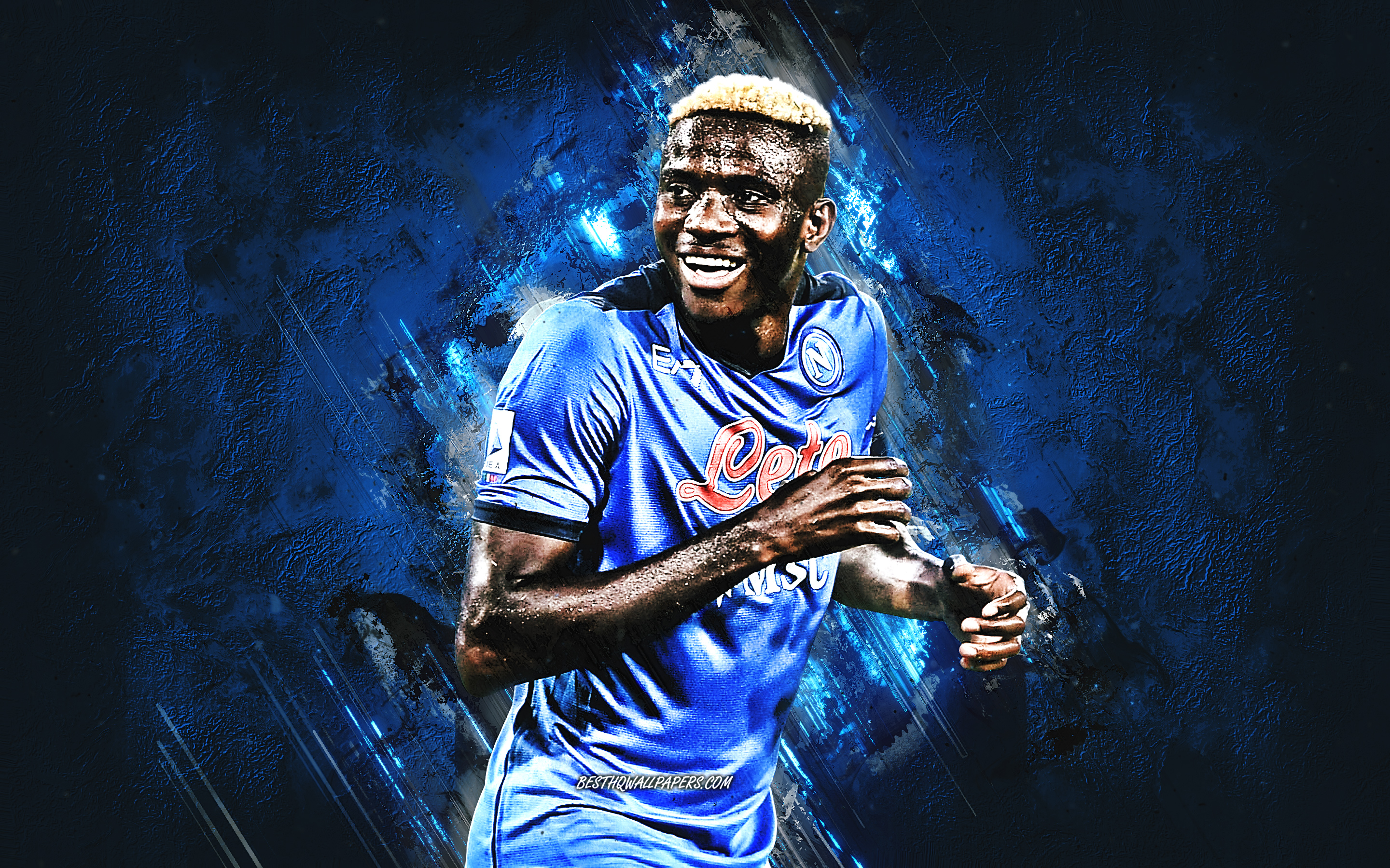 Download wallpaper Victor Osimhen, Napoli, Nigerian footballer, portrait, blue stone background, Serie A, football for desktop with resolution 2880x1800. High Quality HD picture wallpaper