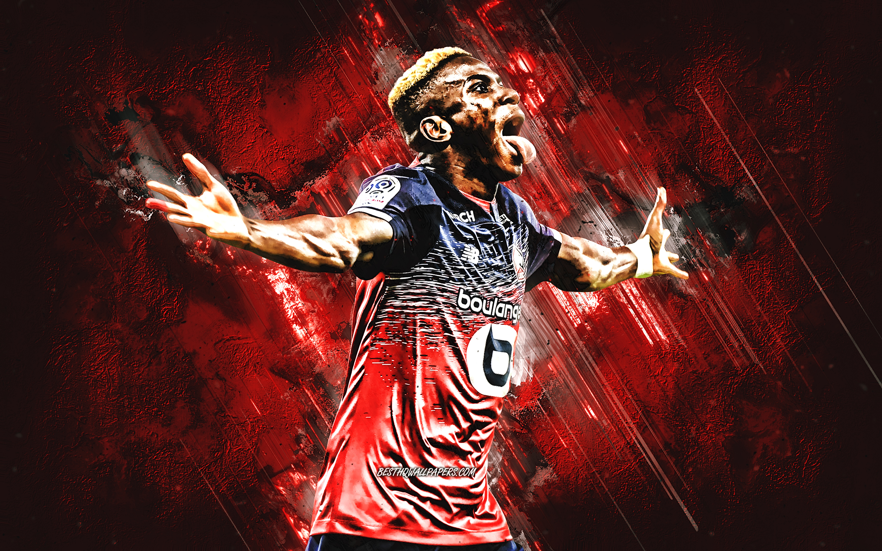 Download wallpaper Victor Osimhen, Lille OSC, Nigerian footballer, portrait, red stone background, football, League 1, Lille for desktop with resolution 2880x1800. High Quality HD picture wallpaper