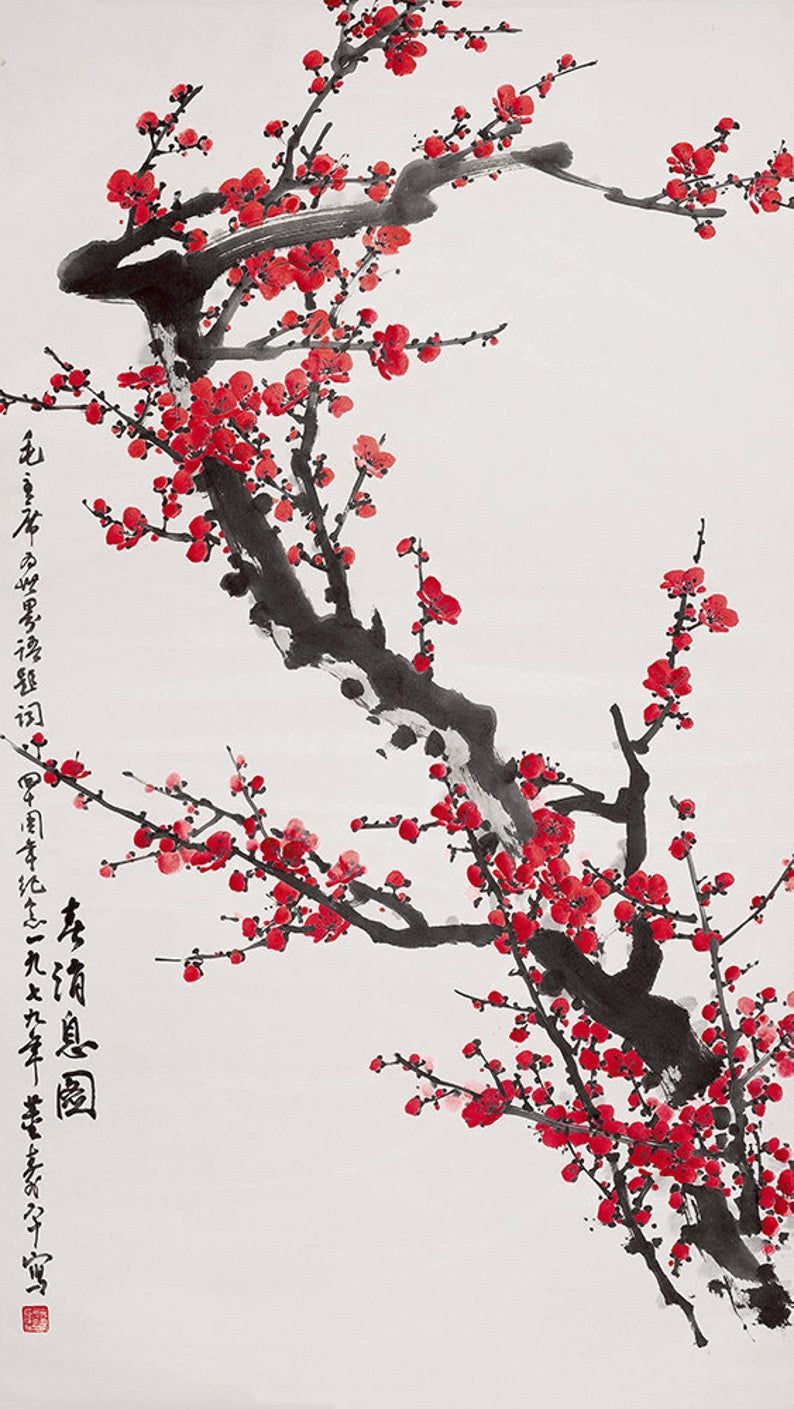 Red Plum Blossoms Ink Brush Tree Flower Painting Vertical. Japanese wallpaper iphone, Japanese art prints, Aesthetic iphone wallpaper