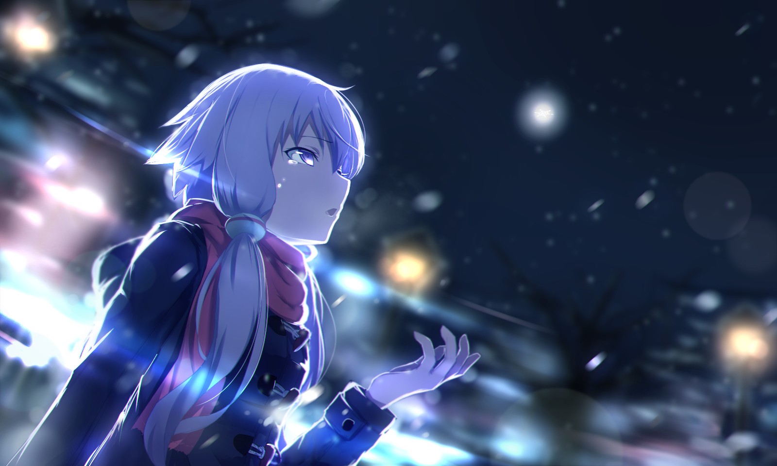 Wallpaper, long hair, night, scarf, snow, twintails, Vocaloid, Voiceroid, Yuzuki Yukari 1600x960