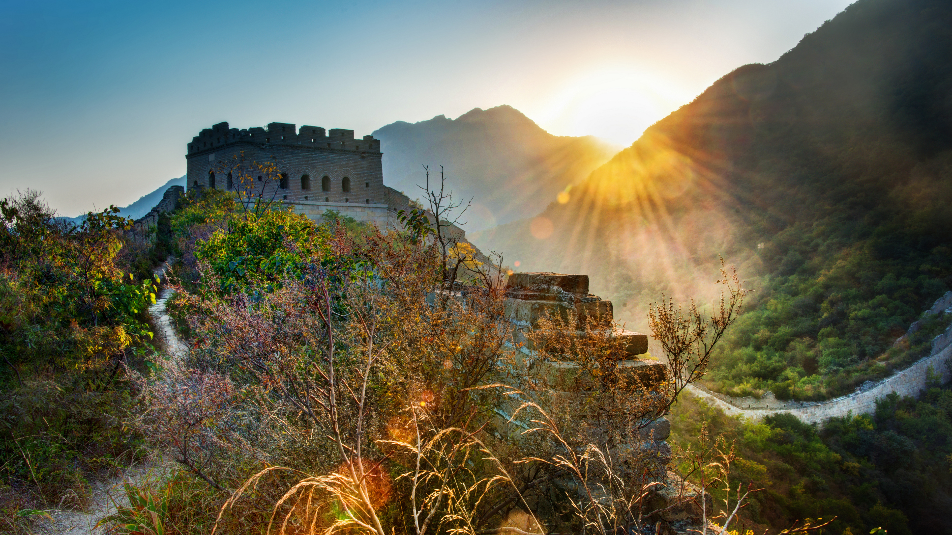 landscape, 4K, Great Wall of China, mountains, building, forest, Sun, naturex2160 Wallpaper