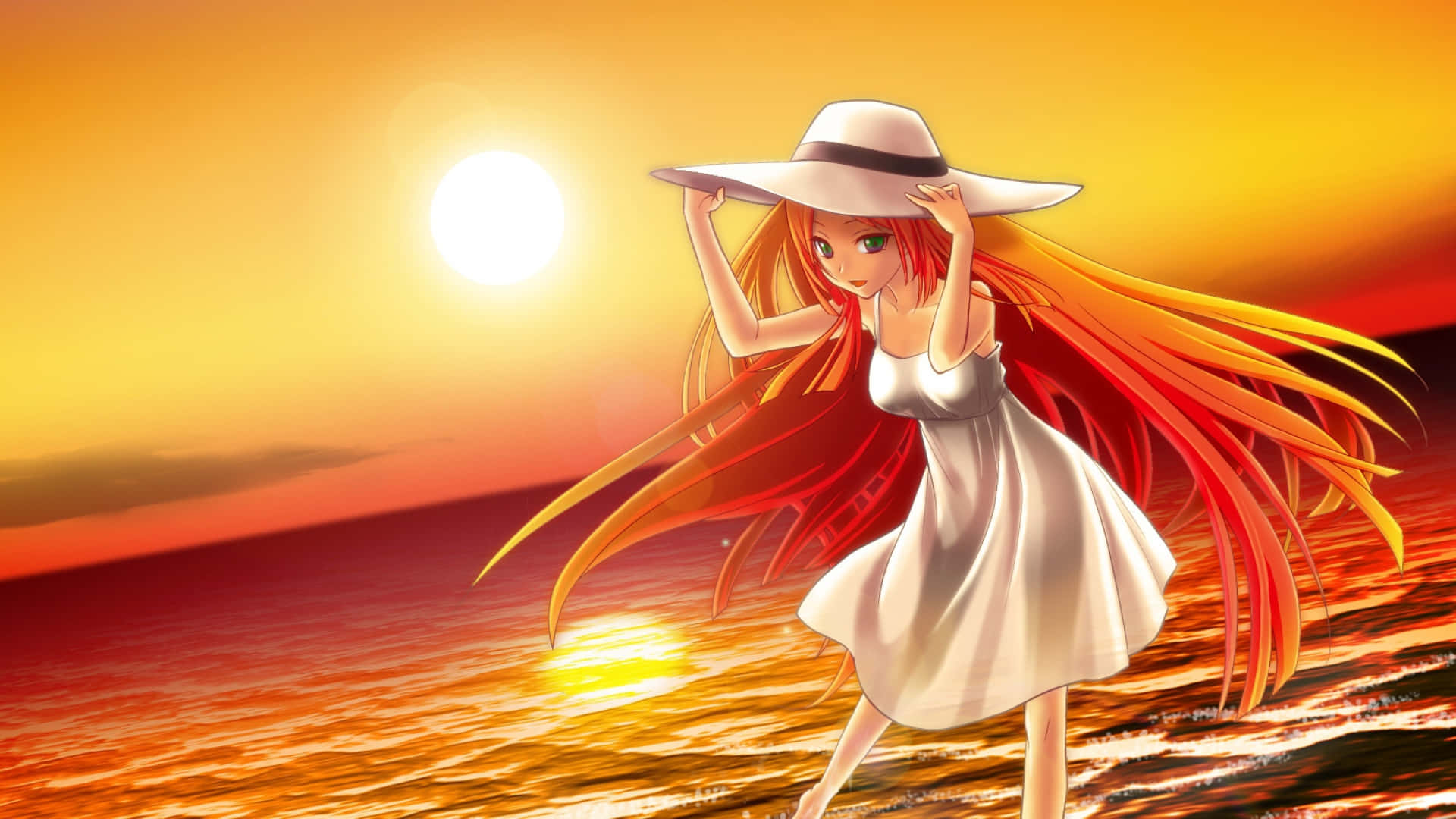 Download Orange Hair Anime Girl On Beach Wallpaper