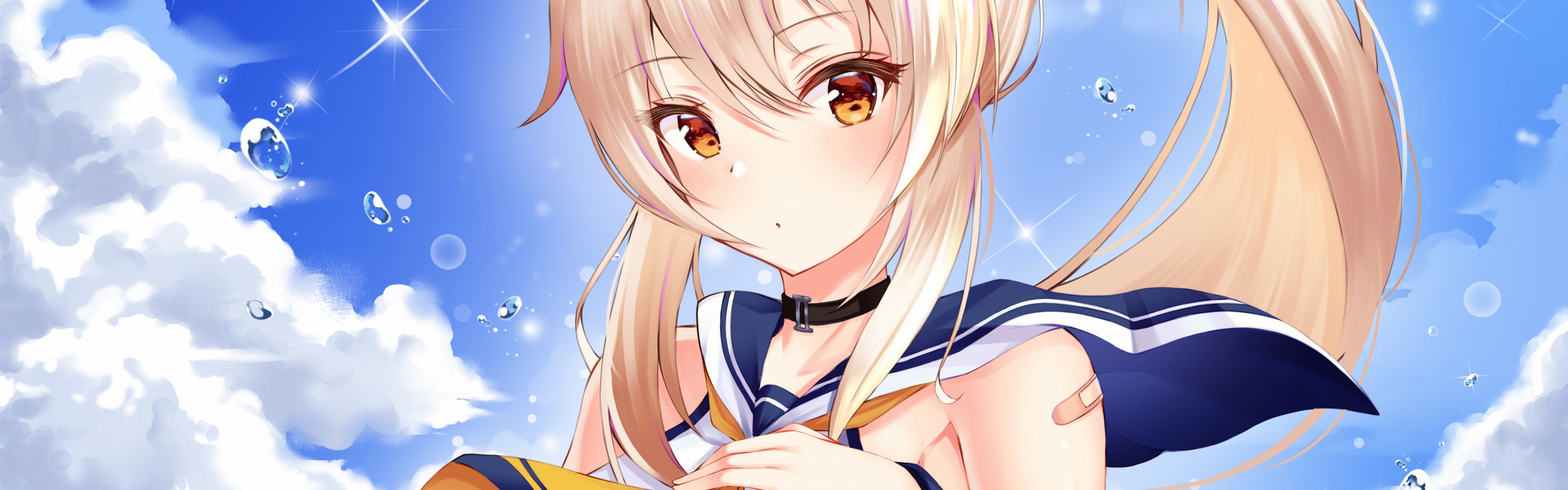 Download wallpaper girl, , cleavage, long hair, boobs, anime, Ayanami, beautiful, ponytail, pretty, breasts, attractive, handsome, shirt, blonde hair, orange eyes, section seinen in resolution 2880x900