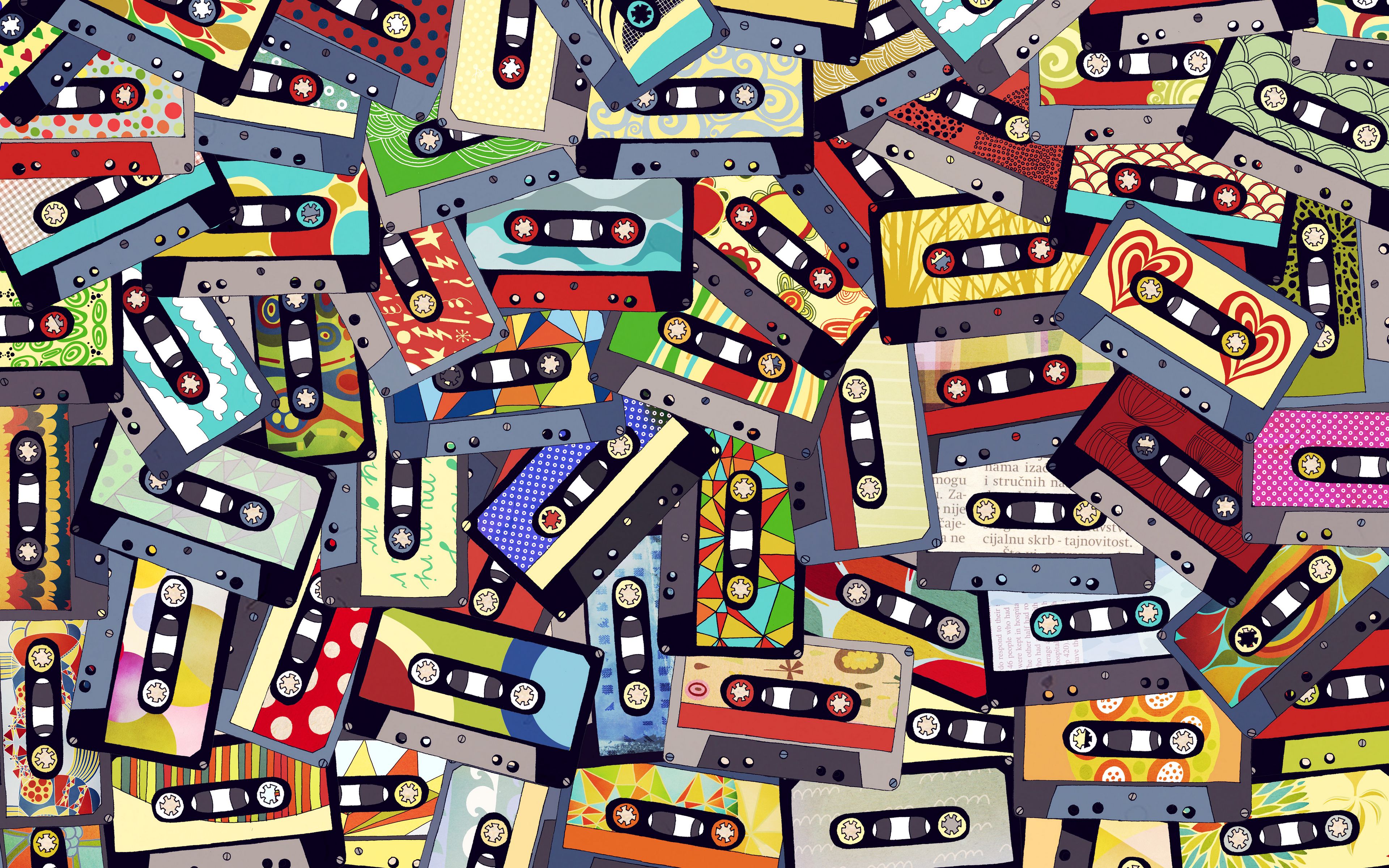Download wallpaper 3840x2400 audio cassettes, collage, colorful 4k ultra HD 16:10 HD background