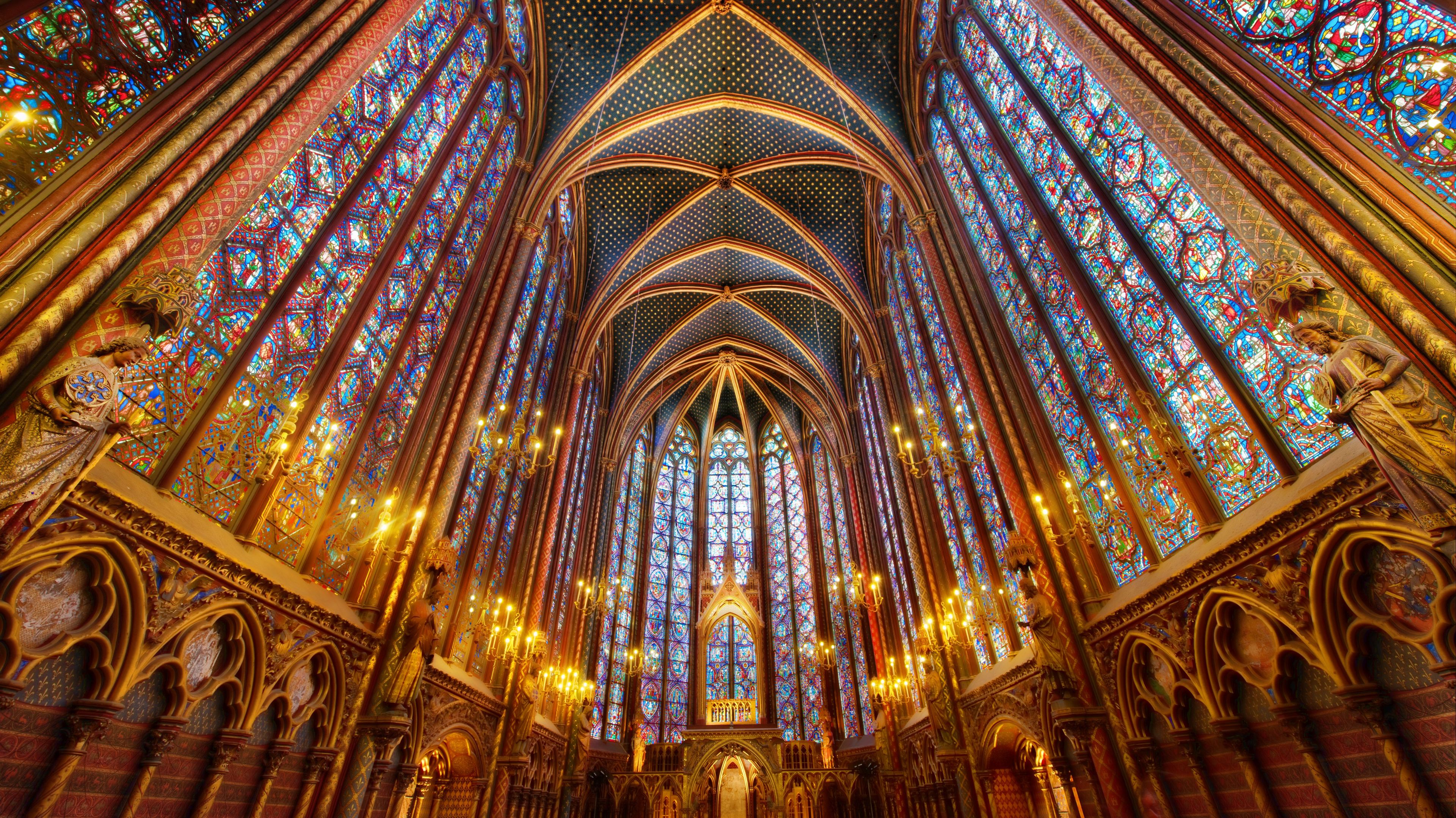 Trey Ratcliff Photography 4K France Interior Window Colorful Lights Chandeliers Church Wallpaper:3840x2160
