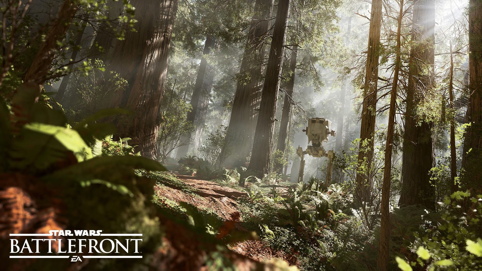 Wallpaper, sunlight, trees, waterfall, Star Wars, nature, wilderness, jungle, rainforest, AT ST, Star Wars Battlefront, Galactic Empire, Battle of Endor, tree, autumn, season, screenshot, woodland, habitat, natural environment, ecosystem, old growth