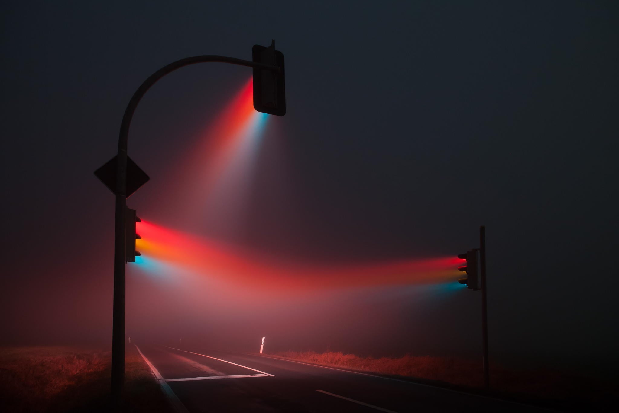 Street, night, fog, car, lights, HD phone wallpaper