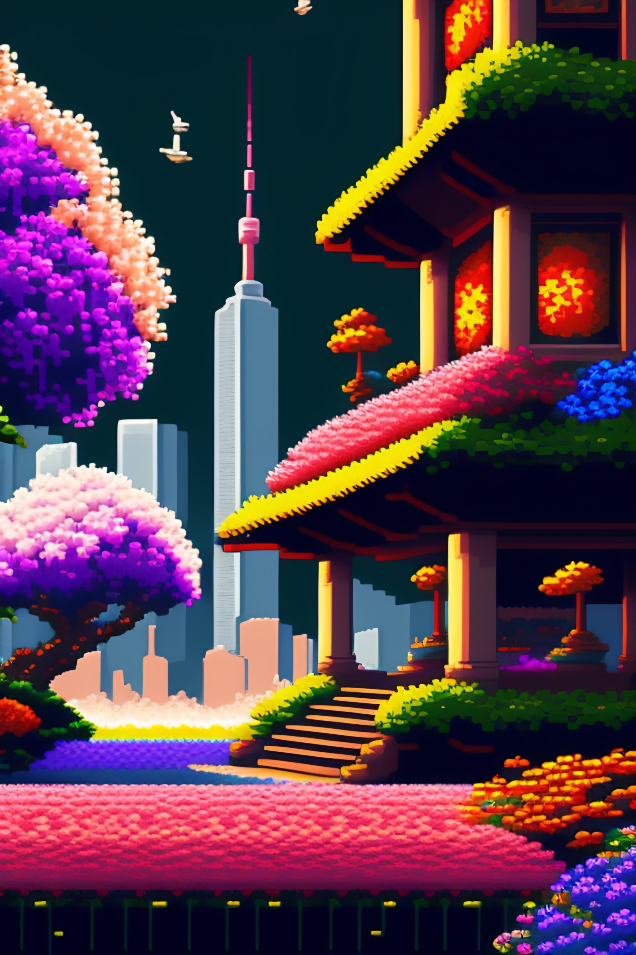 Pixel art tokyo. 3D pixel art 4k wallpaper. incredible pixel art details. flowers. pixel art. lots of flowers in foreground