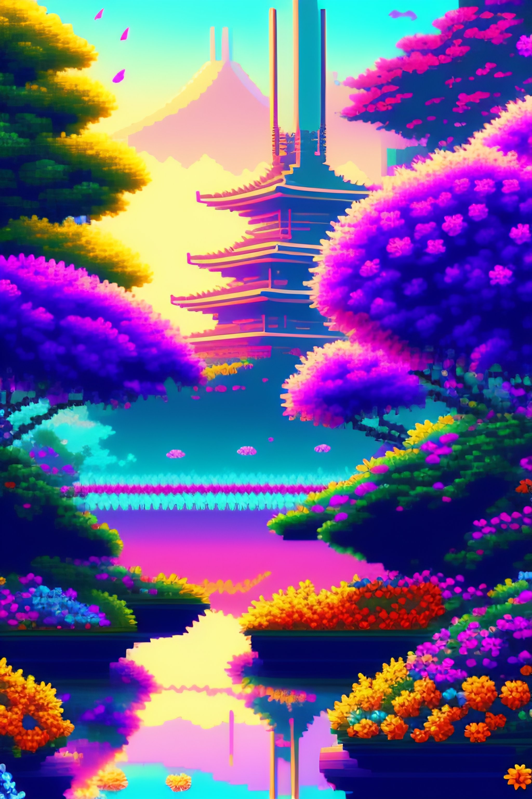 Pixel art tokyo. 3D pixel art 4k wallpaper. incredible pixel art details. flowers. pixel art. lots of flowers in foreground