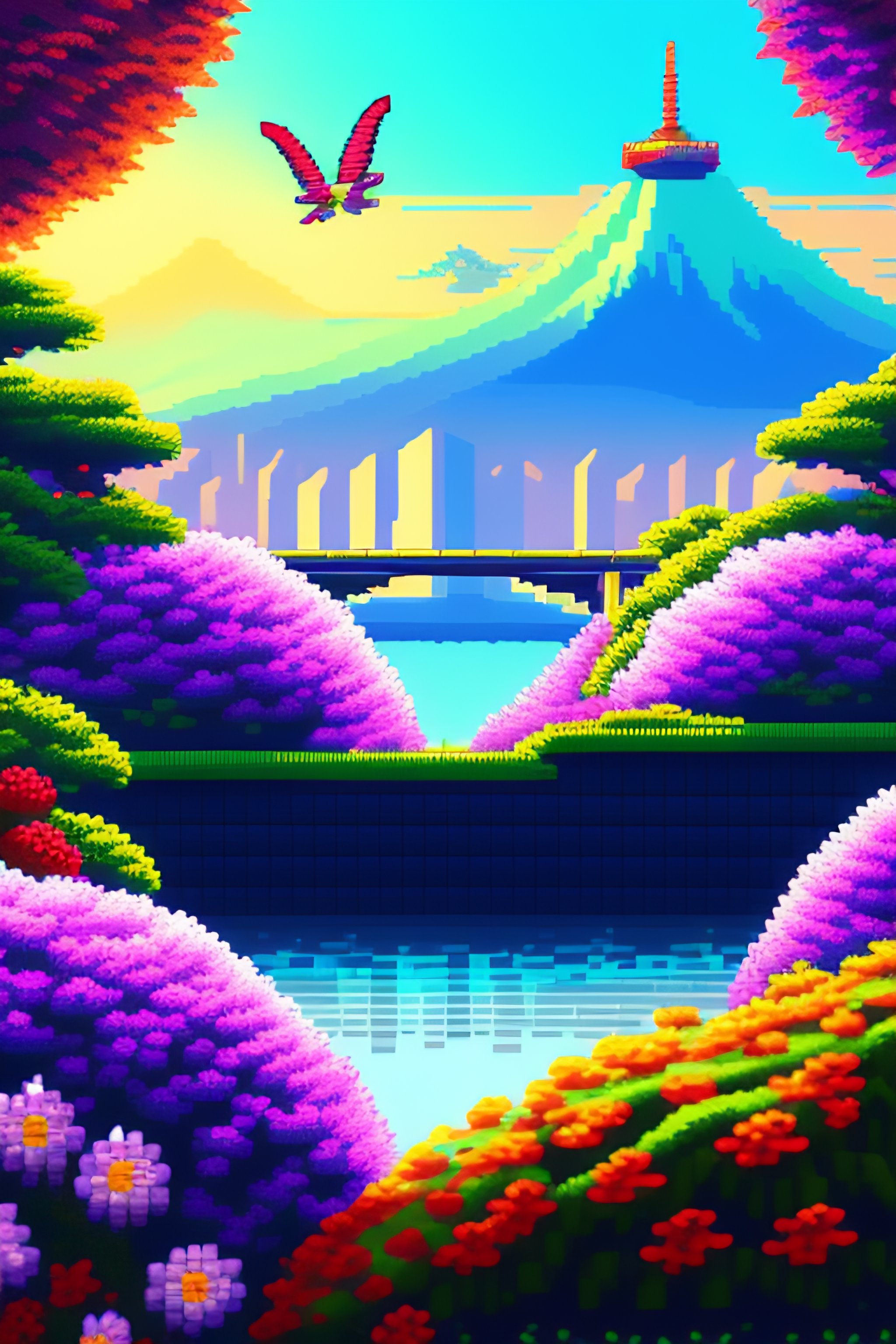 Pixel art tokyo. 3D pixel art 4k wallpaper. incredible pixel art details. flowers. pixel art. lots of flowers in foreground