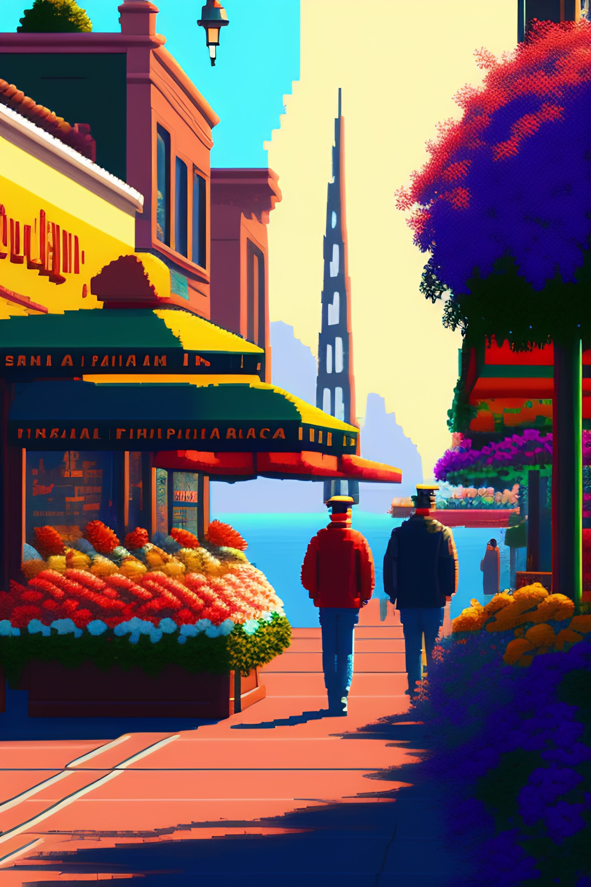 Pixel art san francisco fisherman's wharf. 3D pixel art 4k wallpaper. incredible pixel art details. flowers. pixel art. lots of people in fo