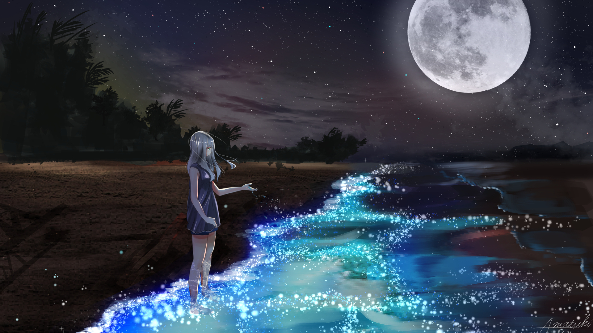 Anime Girl At Seashore Dark Moon Laptop Full HD 1080P HD 4k Wallpaper, Image, Background, Photo and Picture