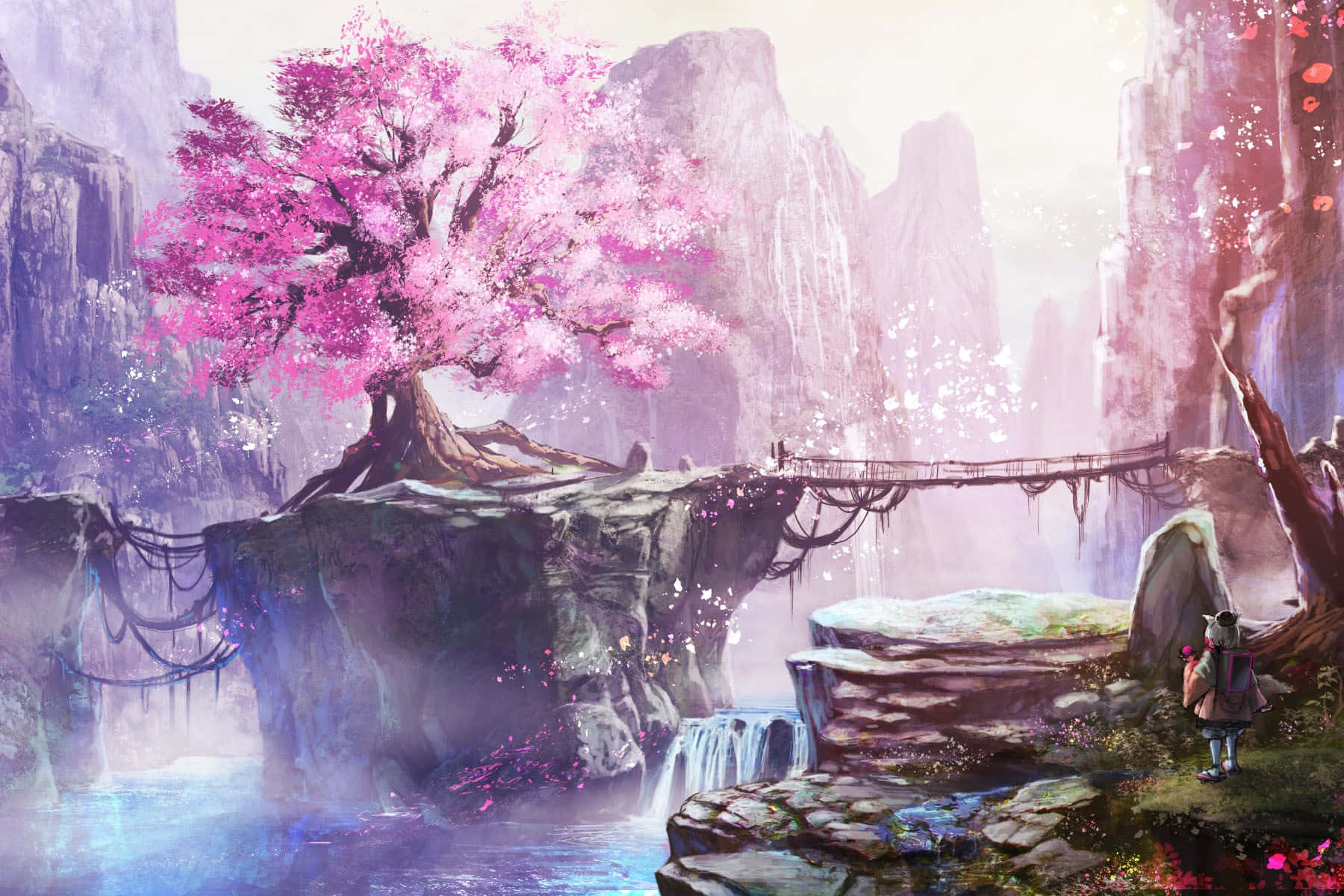 Download Cartoon Landscape Featuring a Dreamy Purple Lake Wallpaper