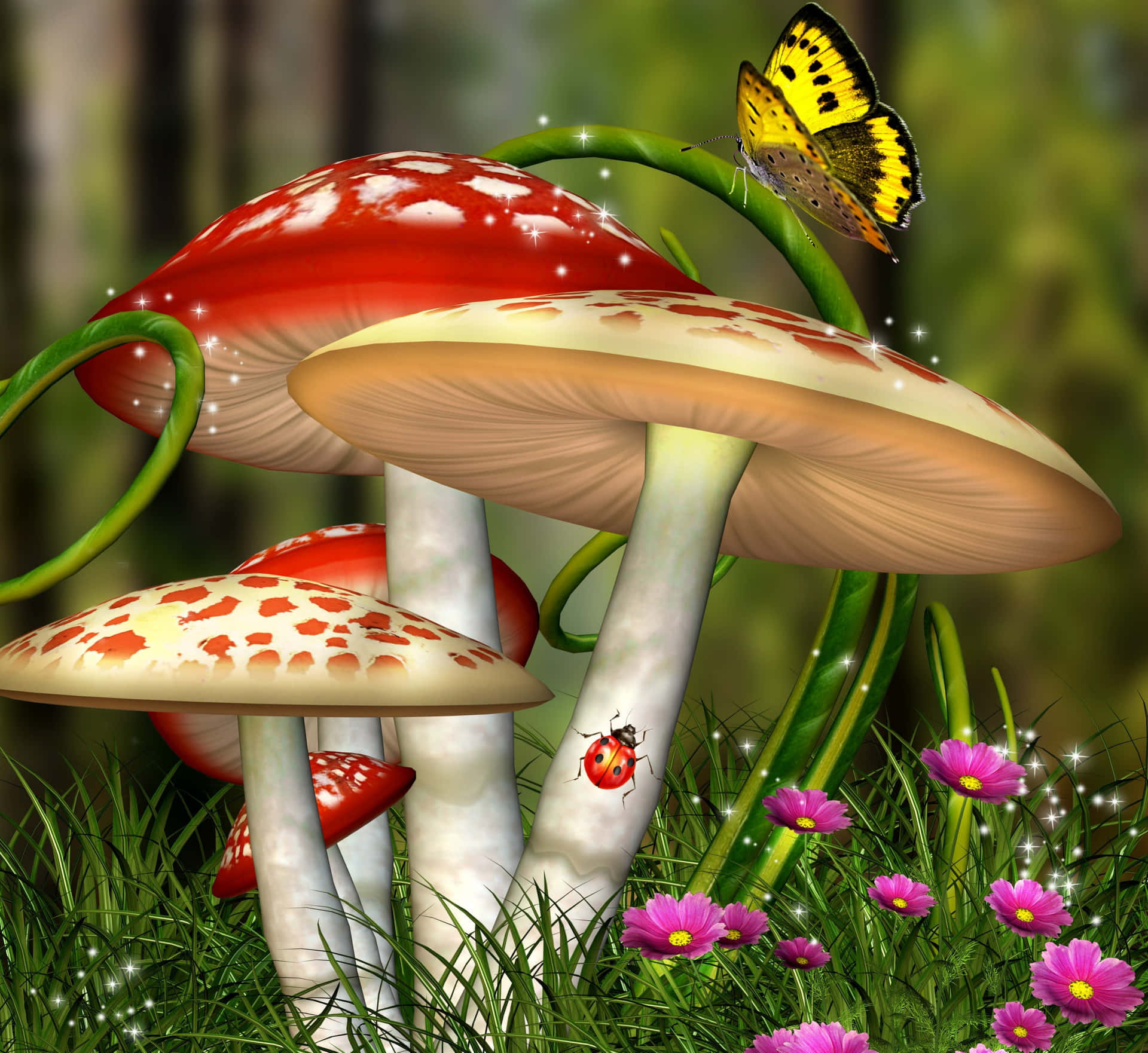 Download Adorable Kawaii Mushroom in a Magical Forest Wallpaper