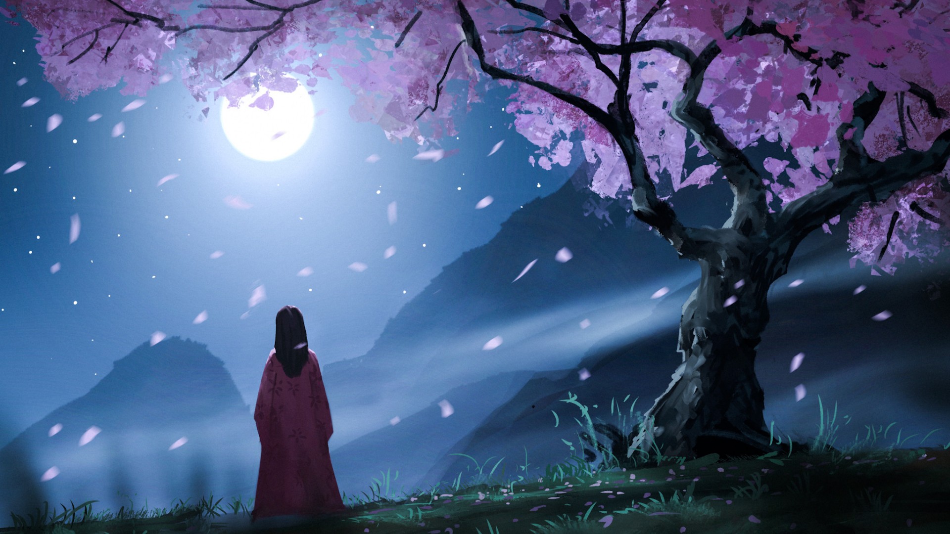 Mobile wallpaper: Anime, Night, Moon, Tree, Girl, 1002058 download the picture for free
