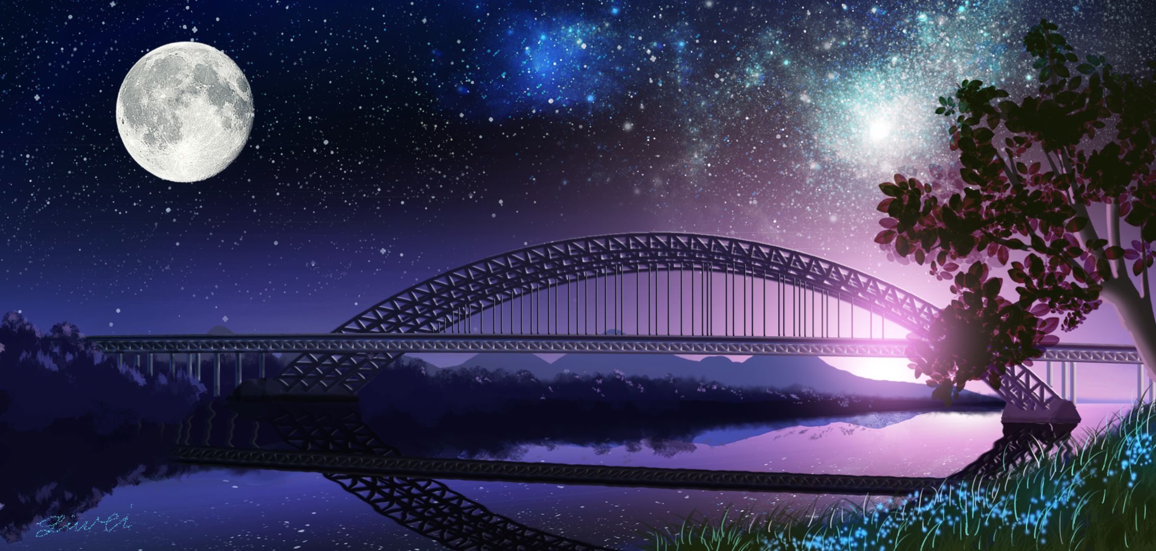 HD desktop wallpaper: Anime, Night, Moon, Lake, Reflection, Starry Sky, Bridge download free picture