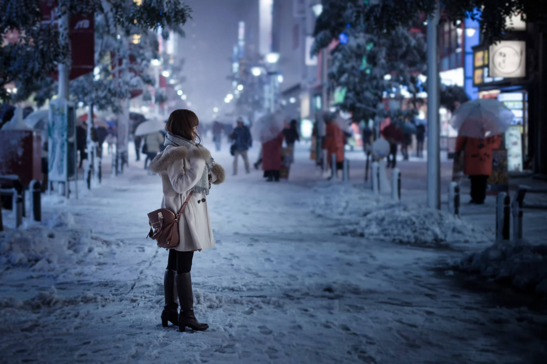Download Caption: Enchanting Winter with Graceful Tokyo Girl Wallpaper