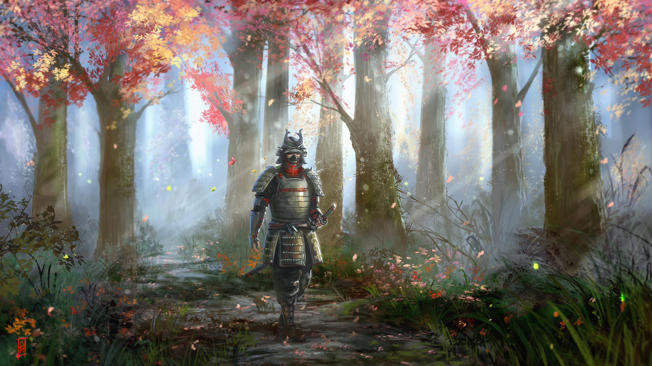 Photo armour Samurai warrior Fantasy Forests Trees 2560x1440