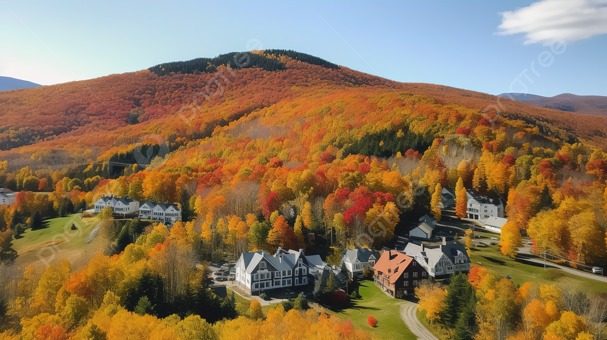 Aerial Drone Footage Of An Autumnal Mountainside Resort Background, Picture Of Stowe Vermont Background Image And Wallpaper for Free Download
