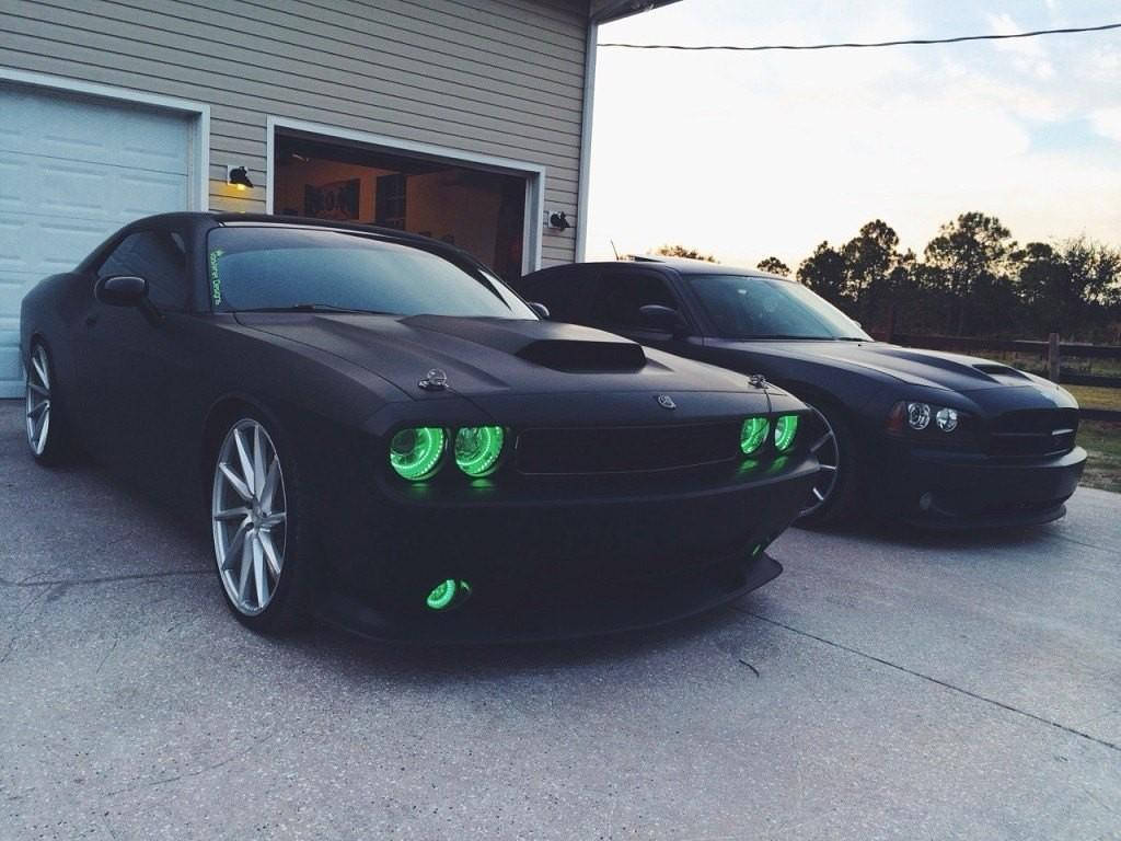 Download Green Lit Dodge Challenger For Night Power Wallpaper