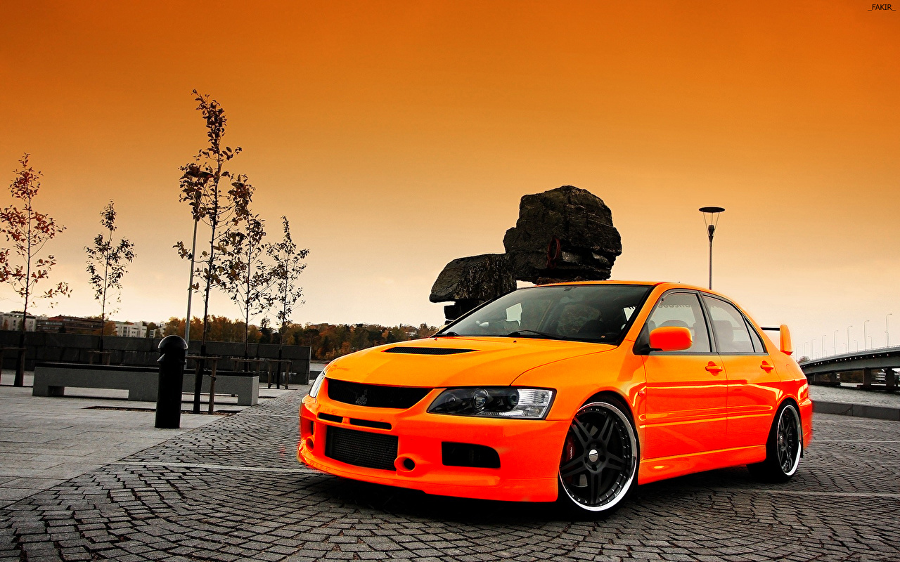 Desktop Wallpaper Mitsubishi Lancer Evolution Orange Cars Pavement