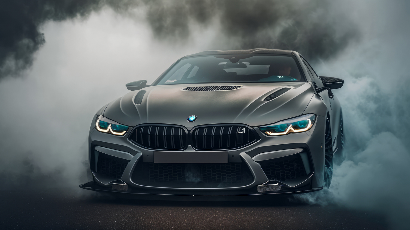 Download BMW M8, Smoke, Front View, AI Art Wallpaper in 1366x768 Resolution