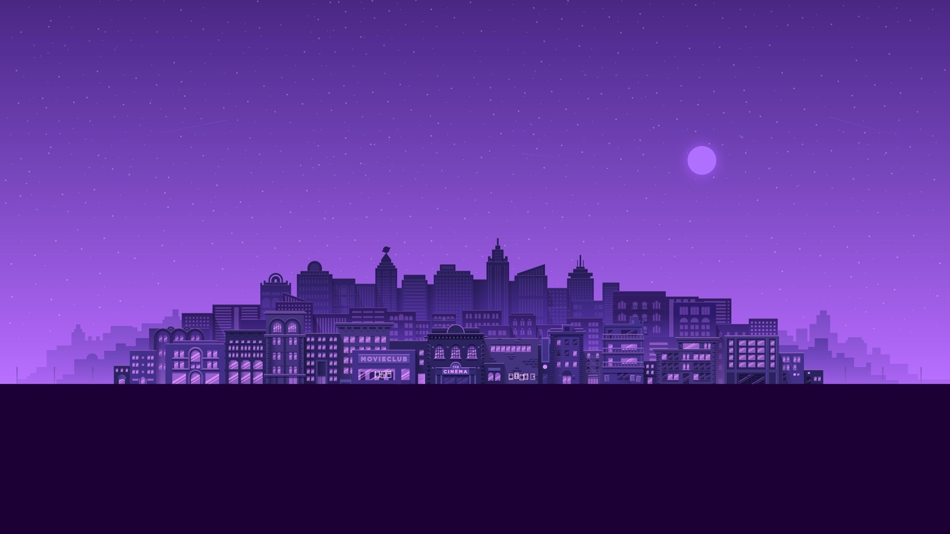 Purple Moon Stars Buildings City Minimal 4k 1366x768 Resolution HD 4k Wallpaper, Image, Background, Photo and Picture