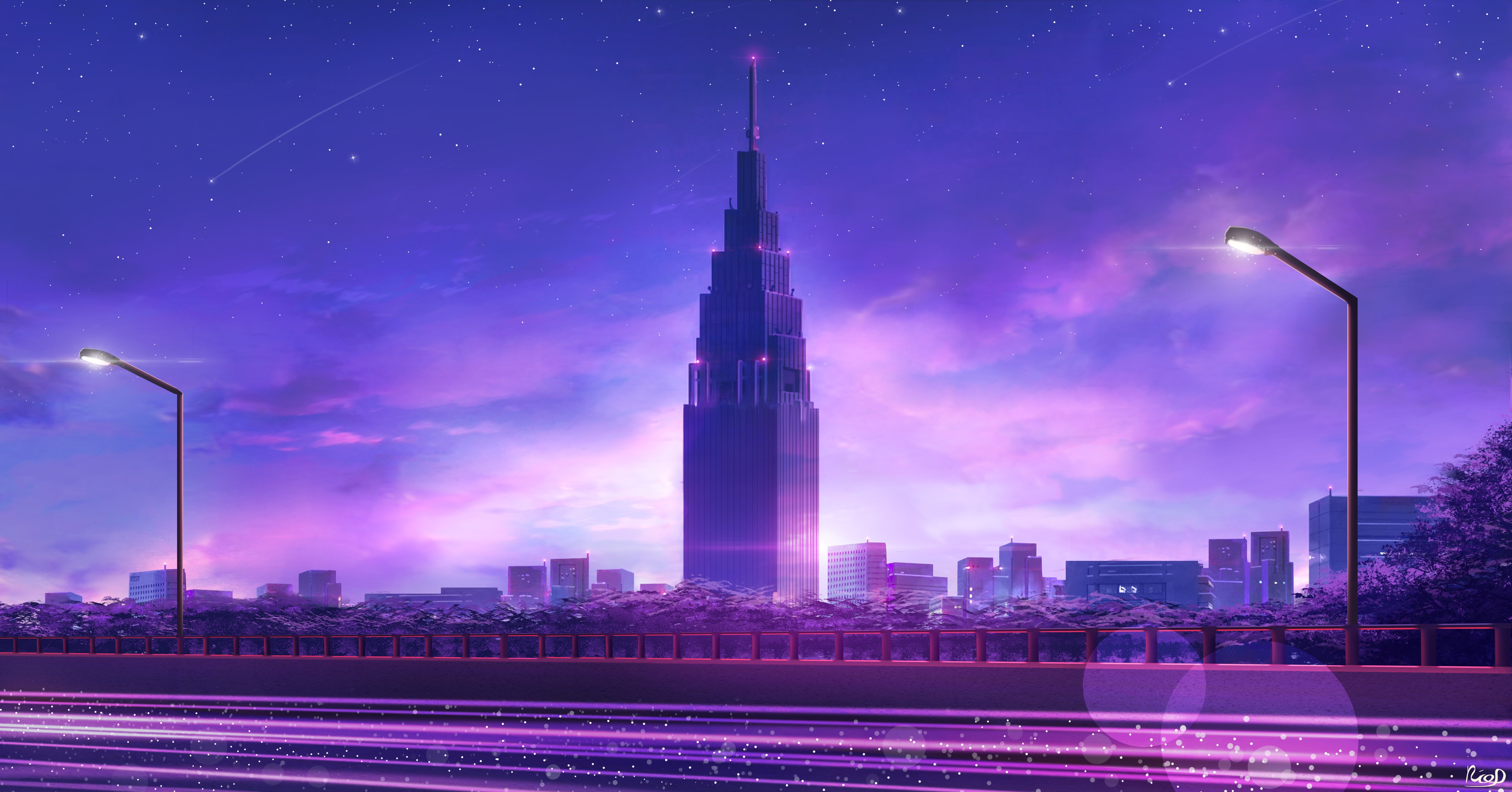 Wallpaper / digital, digital art, artwork, purple, city, landscape, urban, cityscape, skyscraper, building, architecture, lights, city lights, stars, comet, street light, tower, Tokyo, Shinjuku, Kimi no Na Wa free download