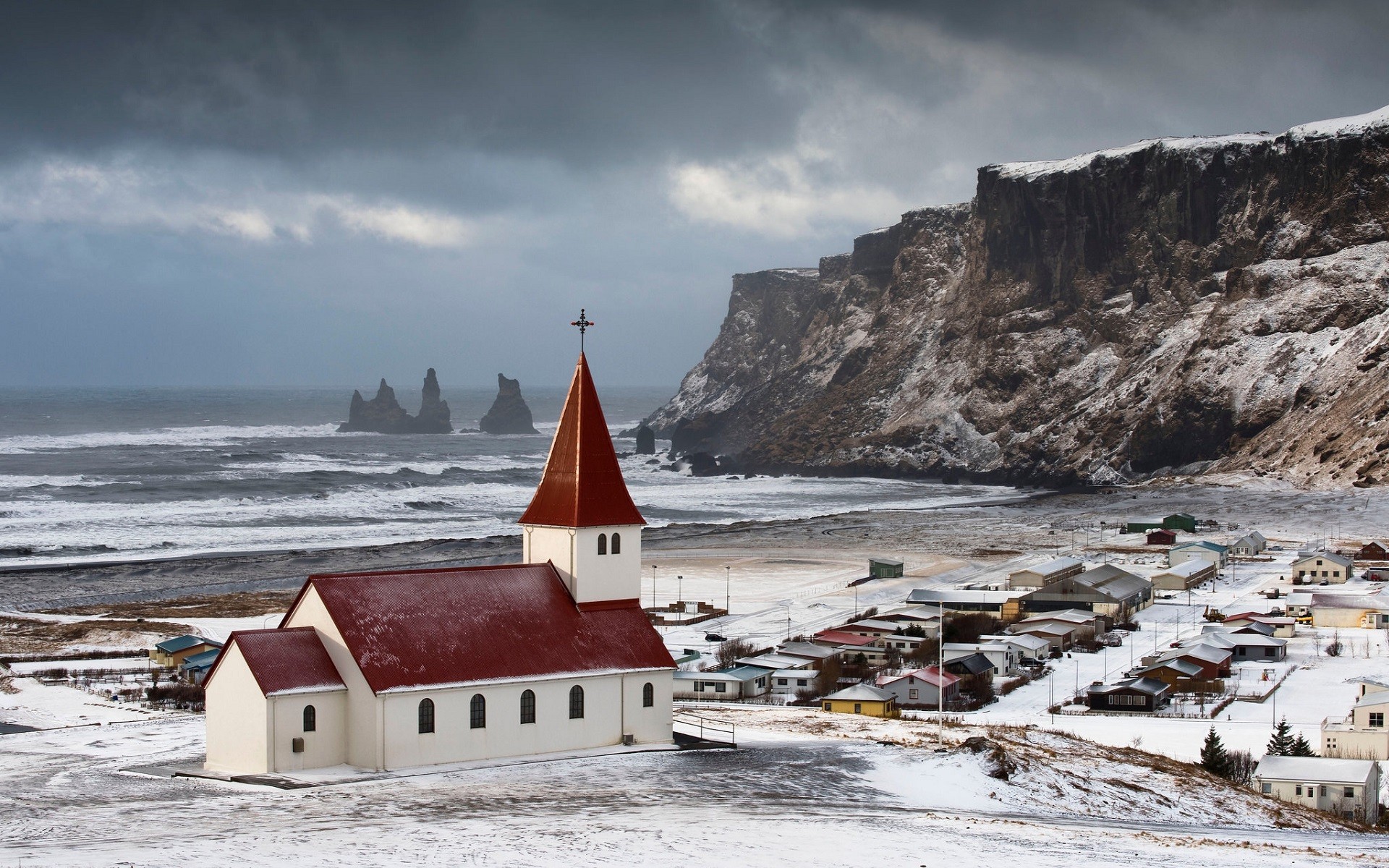 Wallpaper, landscape, sea, snow, winter, vehicle, ice, tower, coast, cliff, church, Iceland, Arctic, vik, mountain, weather, season, wave, geological phenomenon 1920x1200