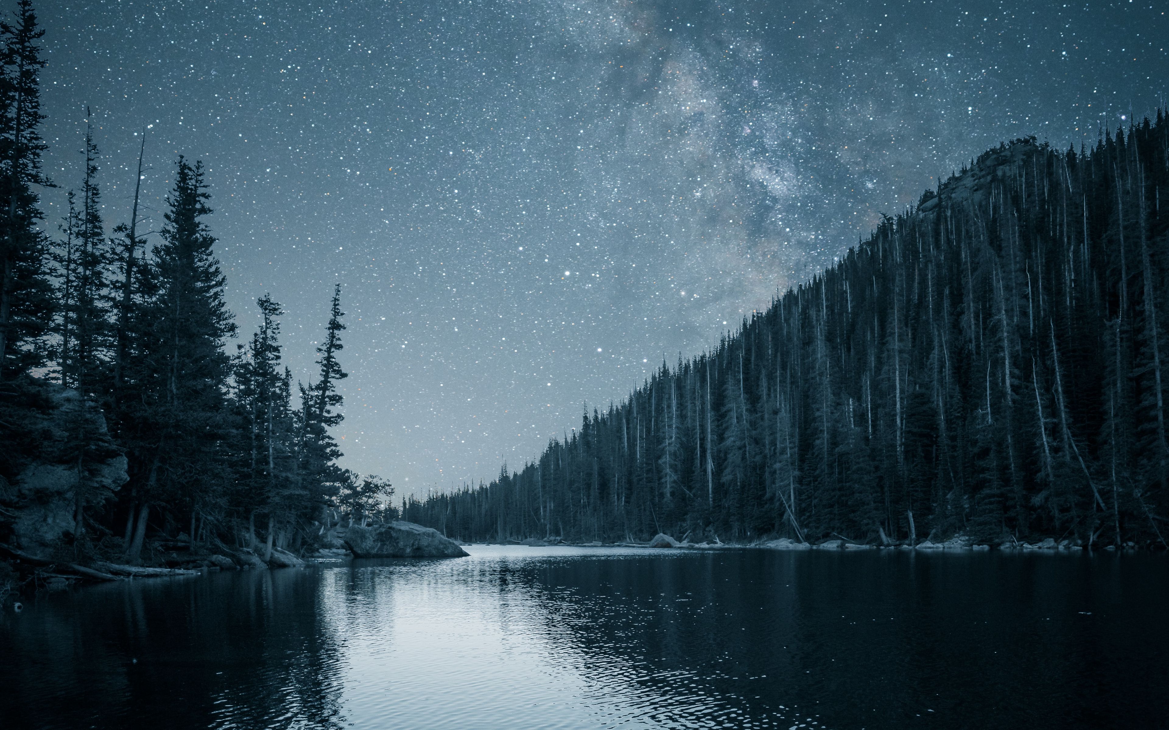 Download wallpaper 3840x2400 river, trees, starry sky, night, landscape 4k ultra HD 16:10 HD background