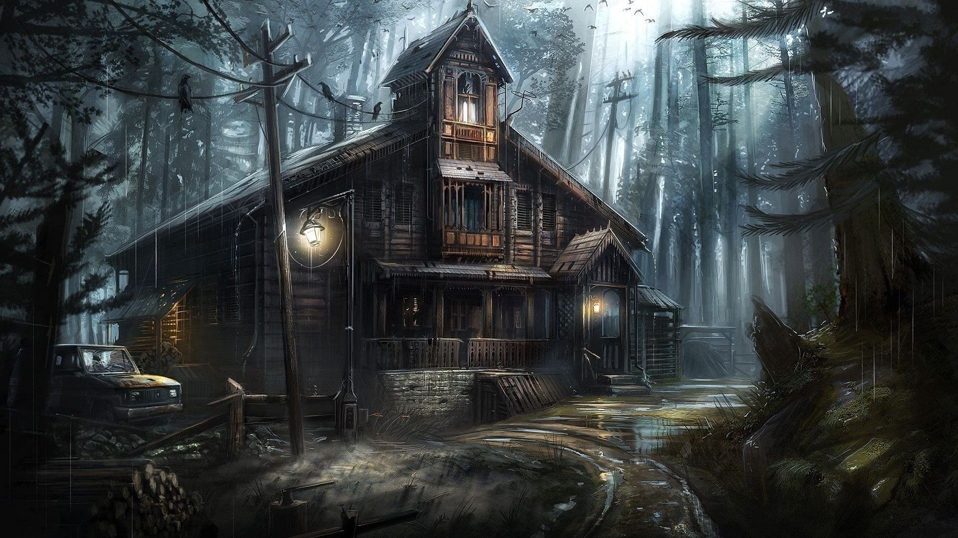 fantasy art haunted house ghost house #house #tree #forest #abandoned rainy day #rainy fantasy landscape P #wallpaper. Ghost house, Dark house, Forest house