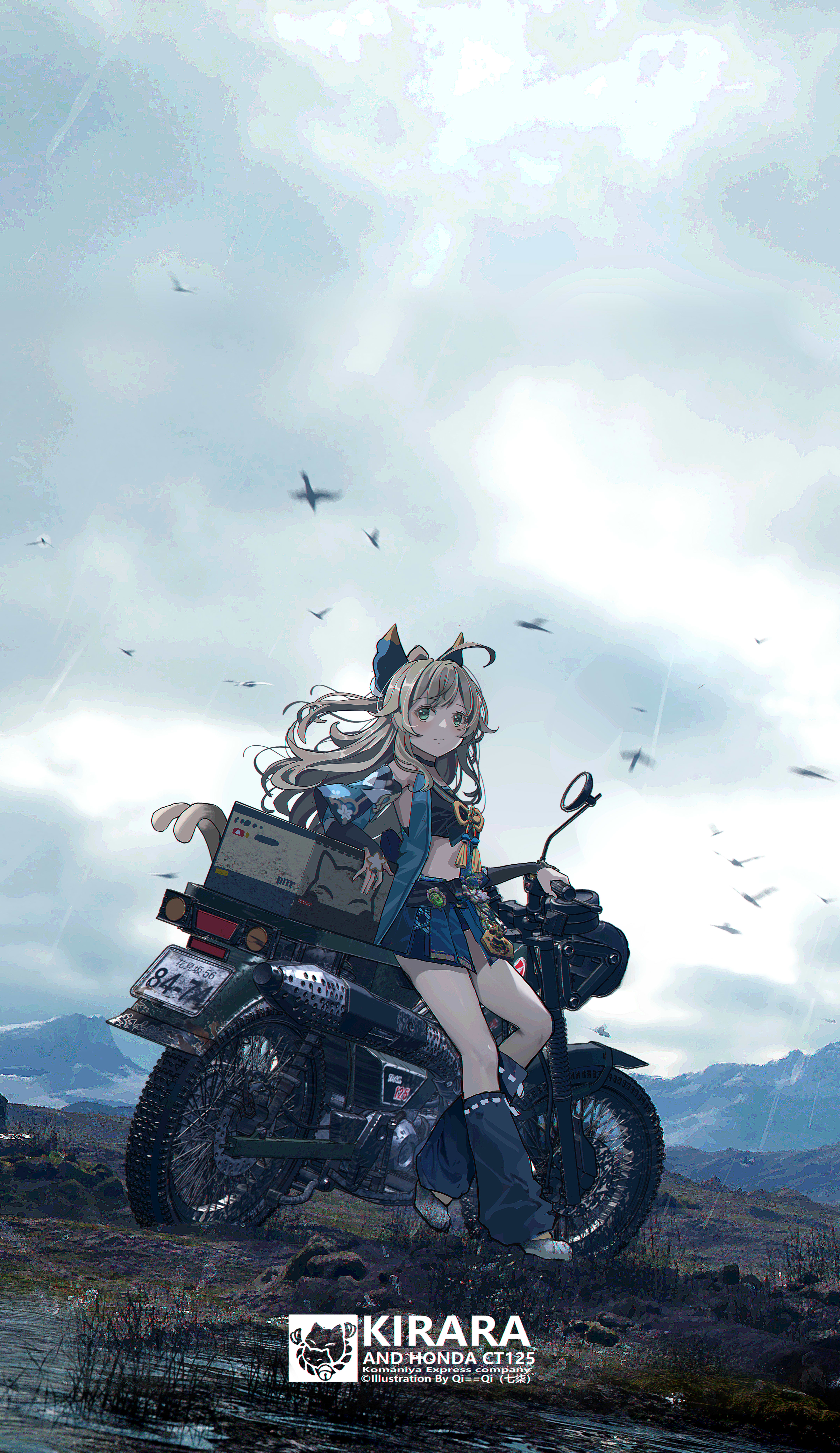 cat girl, blonde, green eyes, Genshin Impact, artwork, Kirara (Genshin Impact), anime, anime girls, cat ears, miniskirt, motorcycle, field, Honda, rainx7467 Wallpaper