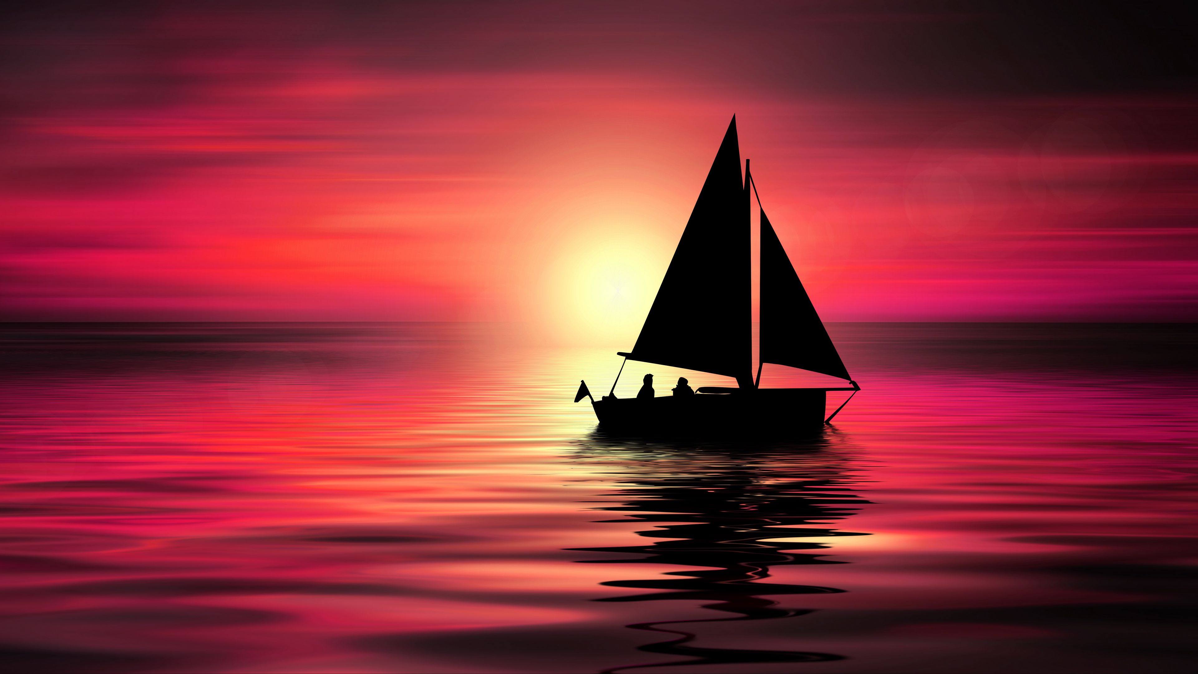 Download wallpaper 3840x2160 sail, silhouettes, sea, horizon, night 4k uhd 16:9 HD background