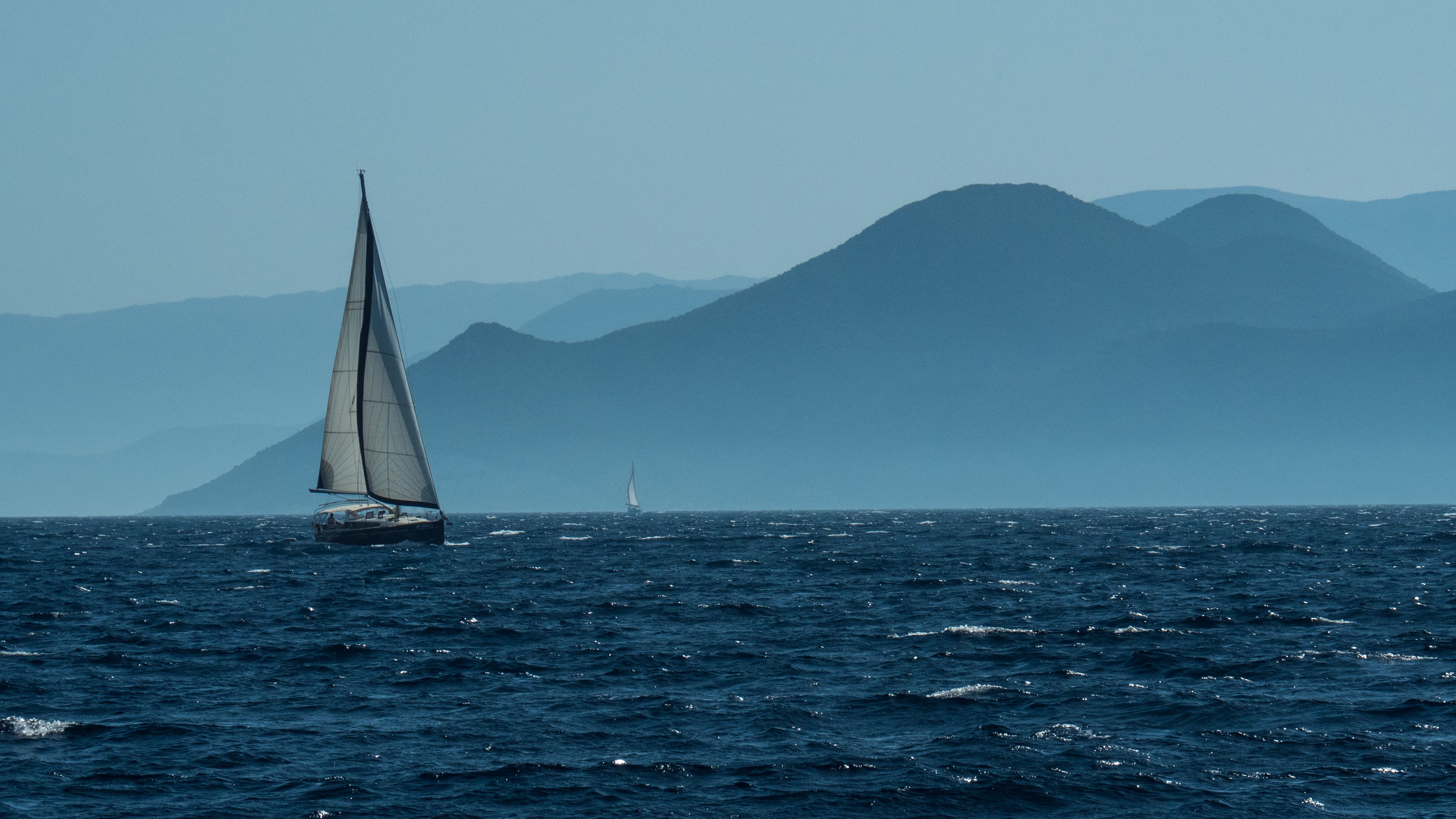 Download wallpaper 3840x2160 sailboat, boat, water, sea, mountains, landscape 4k uhd 16:9 HD background