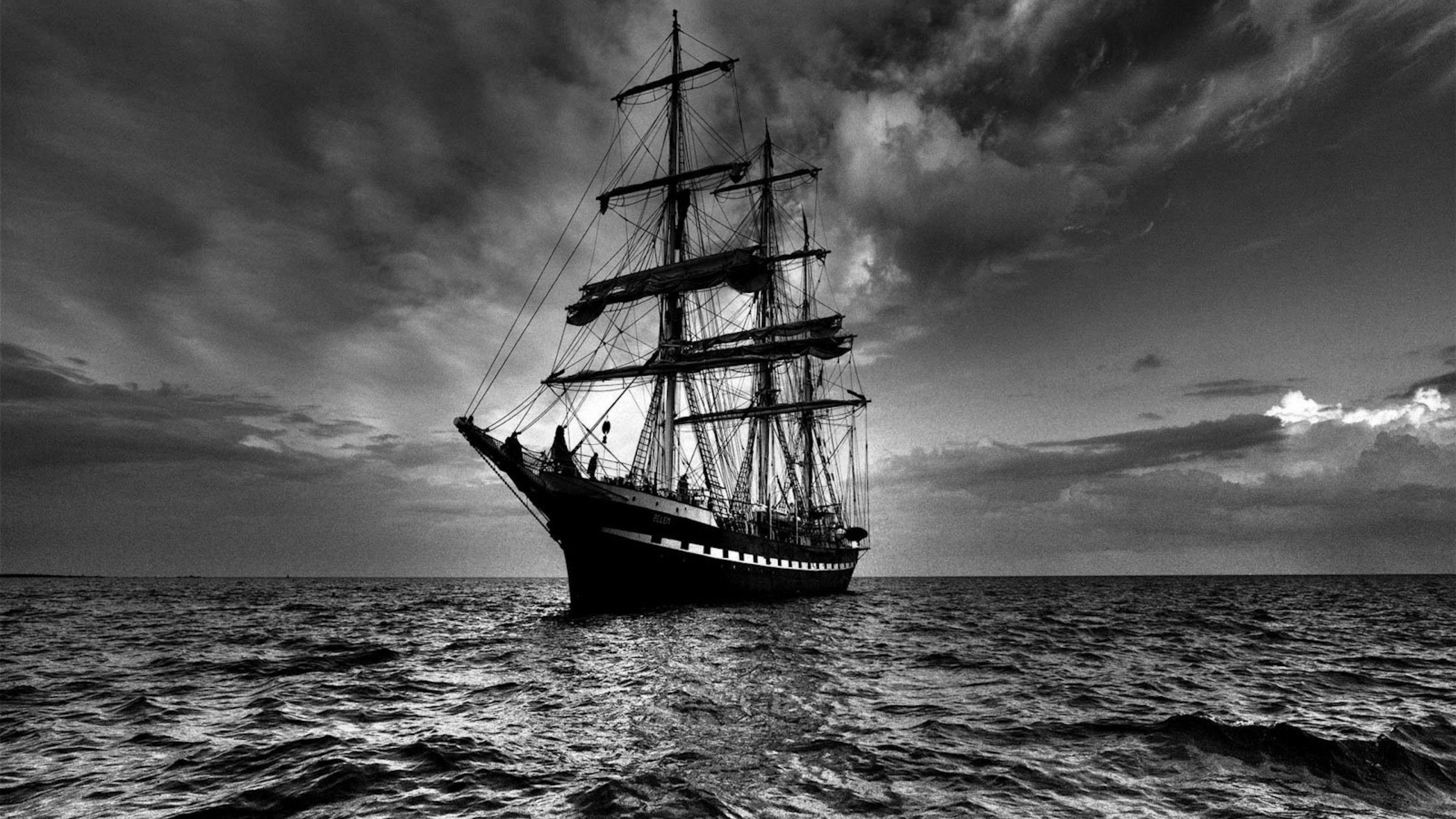 Wallpaper, sea, sailing ship, monochrome 3840x2160