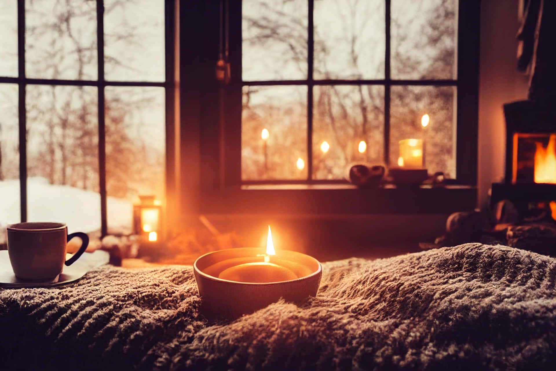 Download a candle is sitting on a blanket in front of a window Wallpaper