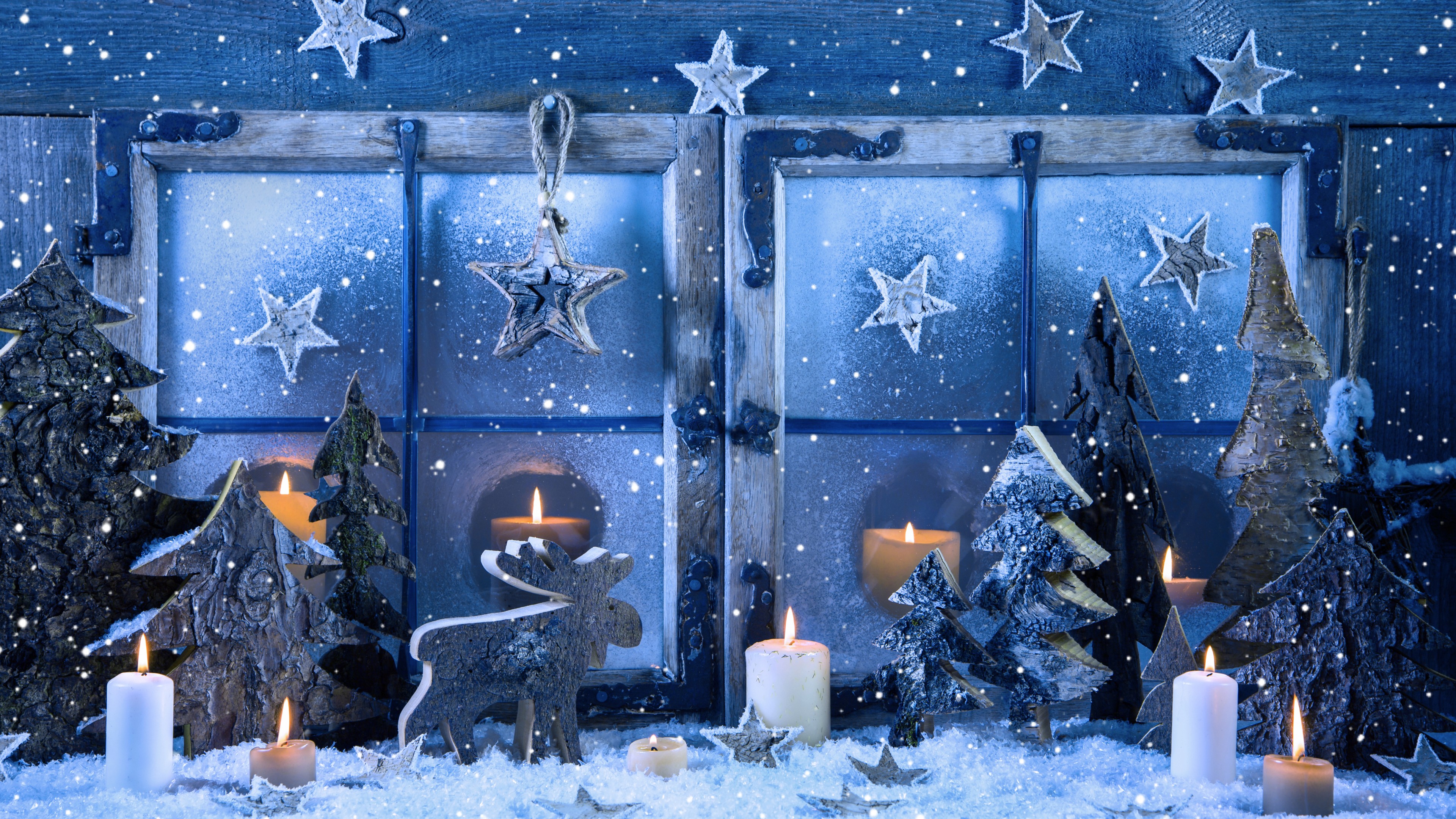 Wallpaper Christmas, New Year, Decorations, Candle, Snow, Fir Tree, Star, Holidays