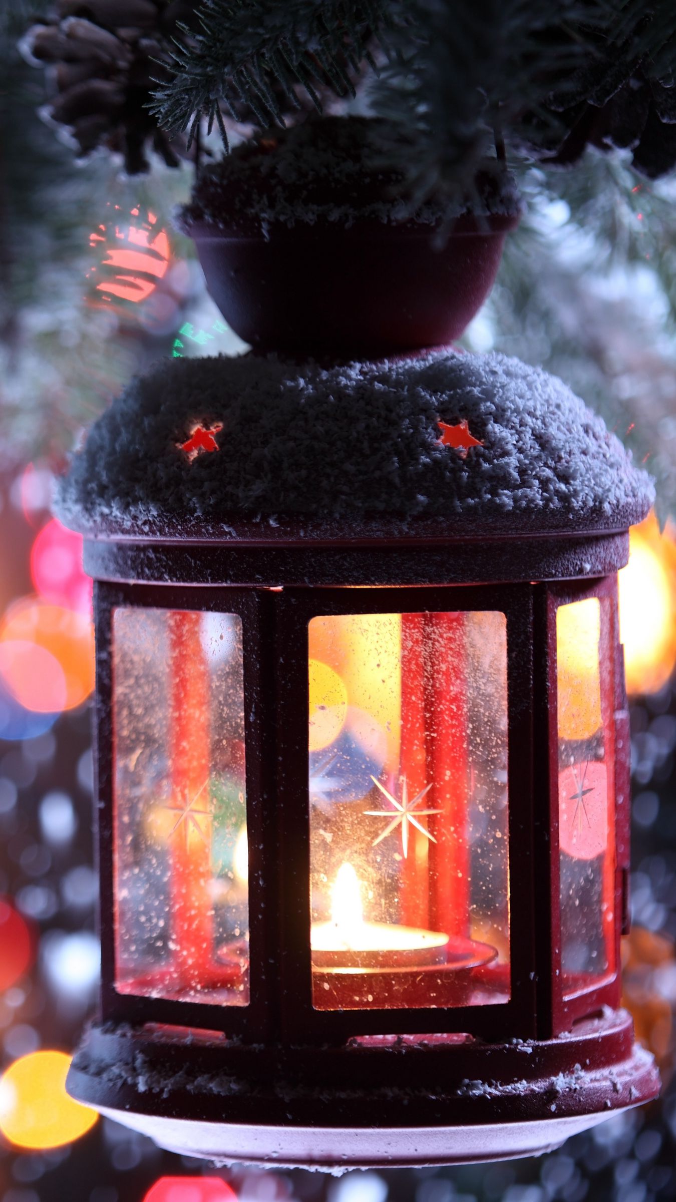 Download wallpaper 1350x2400 candle, torch, branch, snow, winter, snowflakes, christmas tree iphone 8+/7+/6s+/for parallax HD background