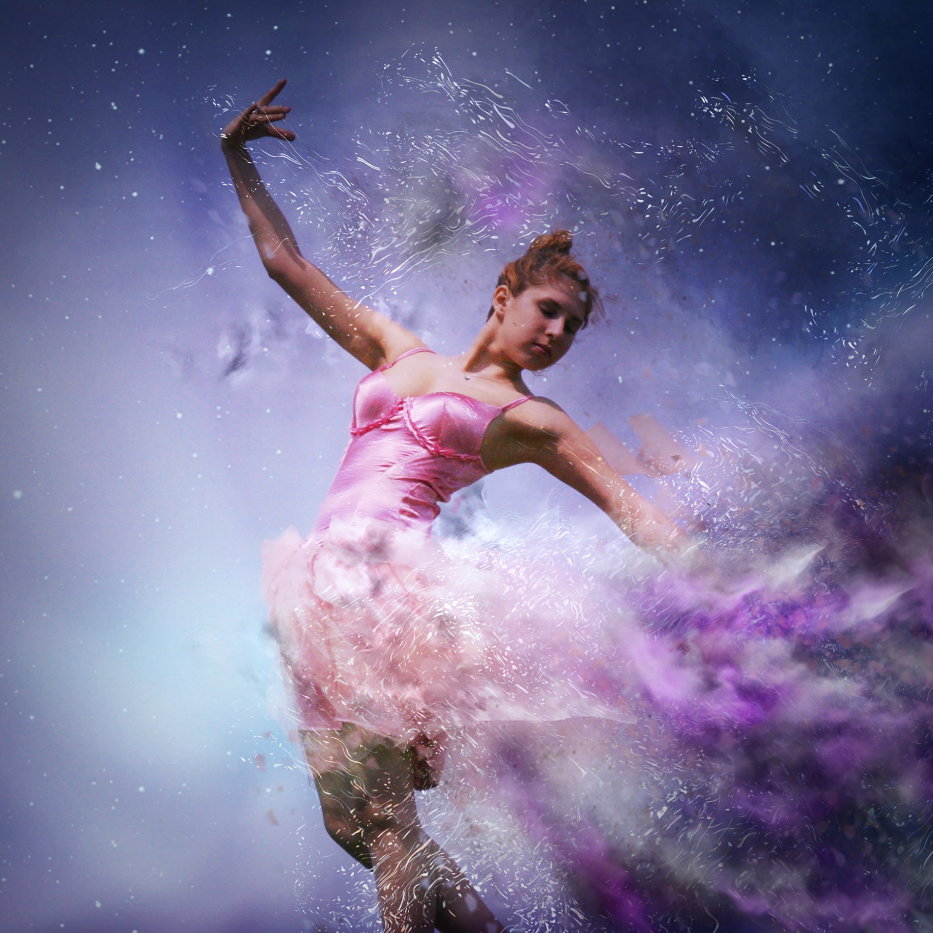 Free Image, water, person, sky, girl, woman, purple, atmosphere, motion, female, young, space, human, fashion, ballerina, ballet, dancer, fun, classical, dress, performance, beauty, dancing, skirt, costume, attractive, elegance, phenomenon, particles