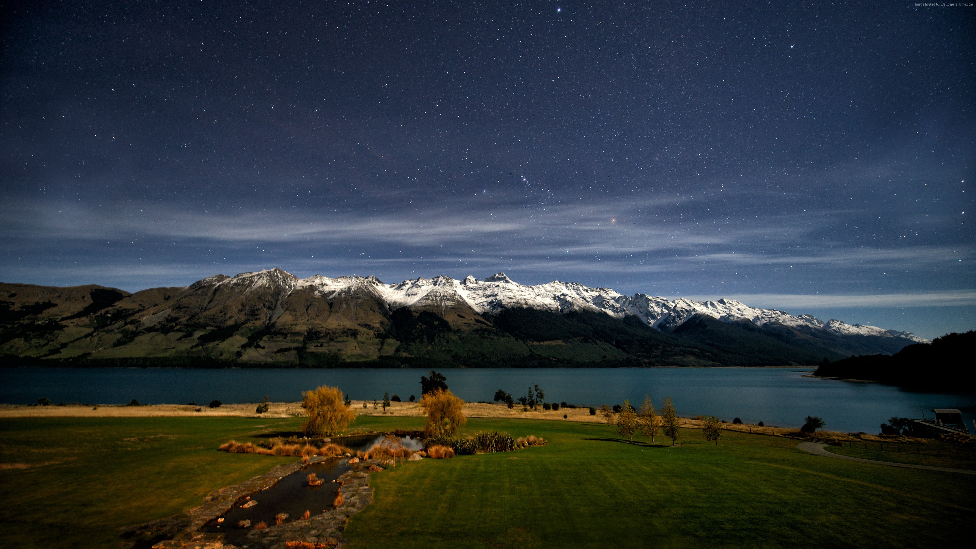 Wallpaper / Lake Wakatipu, green grass, Queenstown, 4K, New Zealand, mountain, HD wallpaper, snow, 4k, sky, stars, landscape free download
