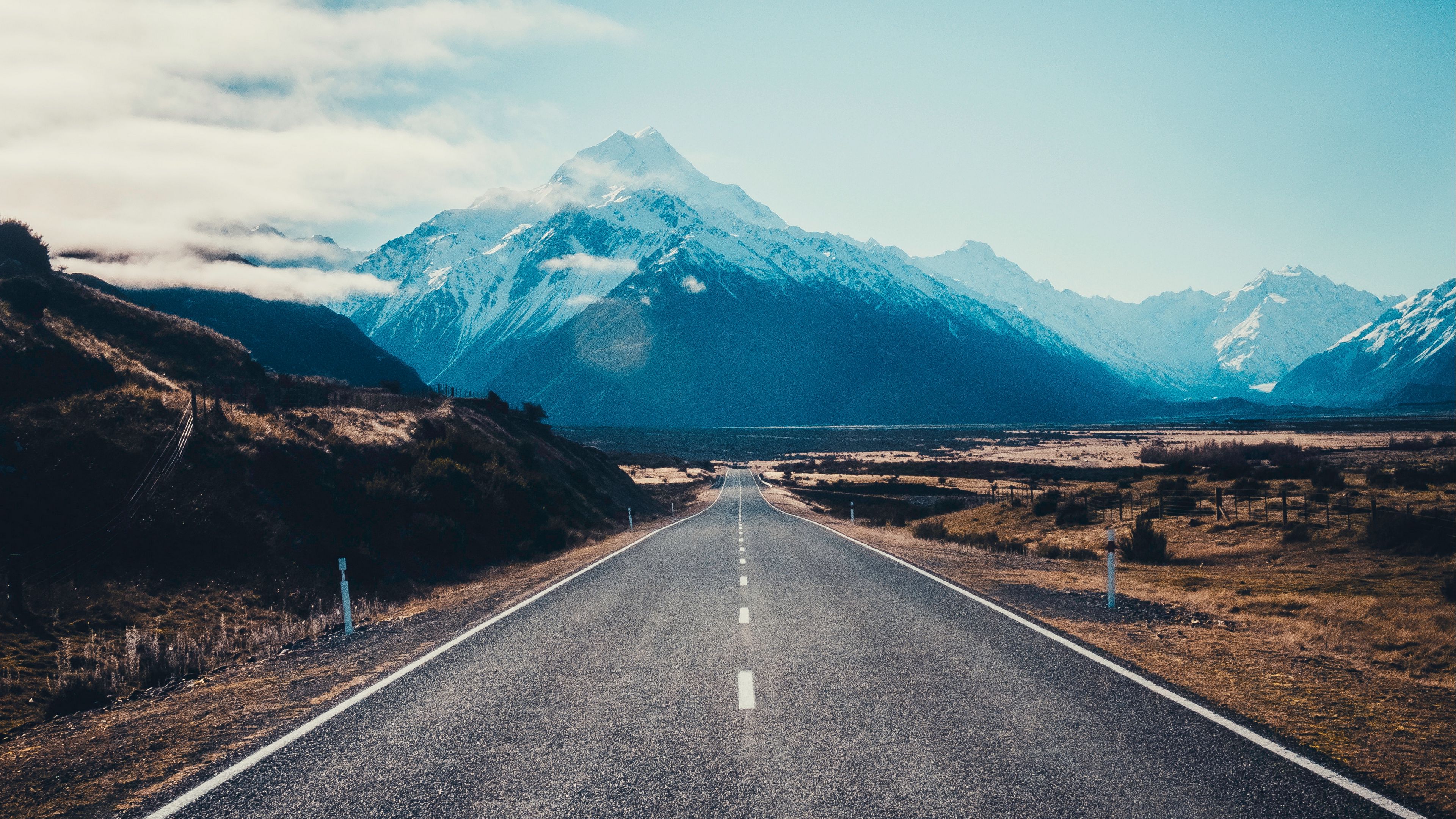 Download wallpaper 3840x2160 road, asphalt, mountains, marking, mount cook, new zealand 4k uhd 16:9 HD background