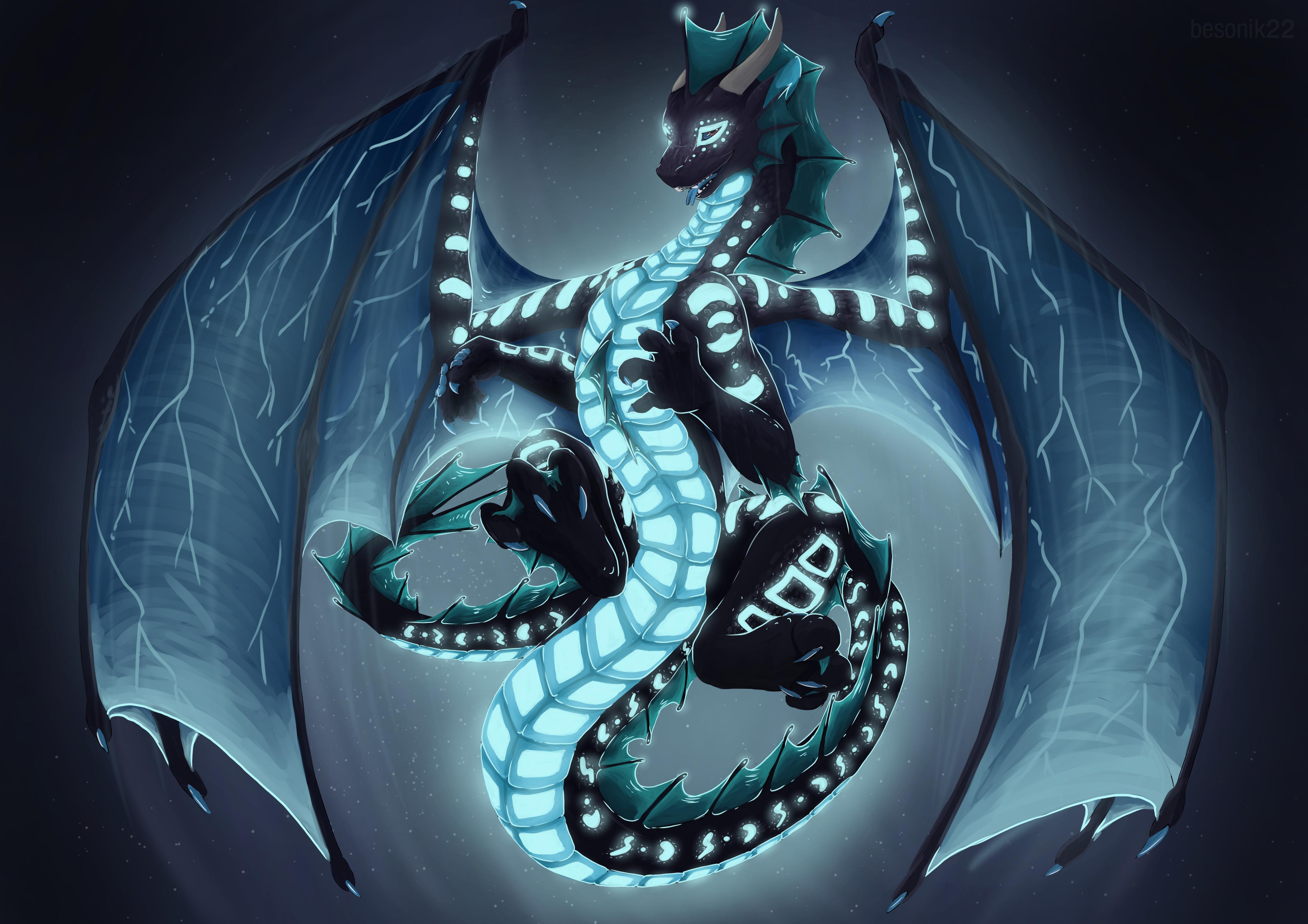 Gift for an friend: Deep under the waves a glowing light reveals a stormdragon silently floating there
