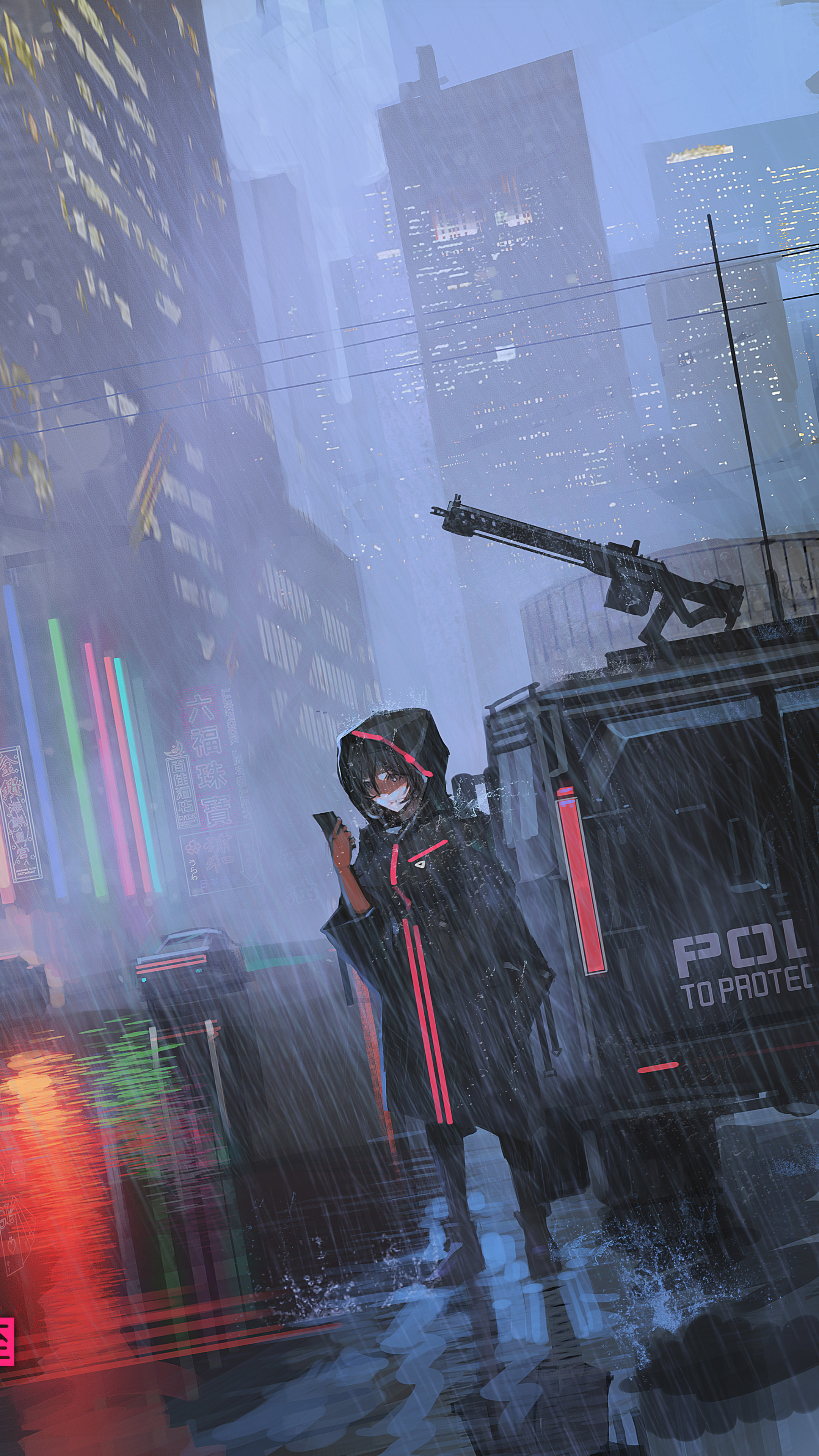 Mobile wallpaper: Anime, Rain, City, Coat, Original, Gun, Black Hair, Short Hair, 1324954 download the picture for free