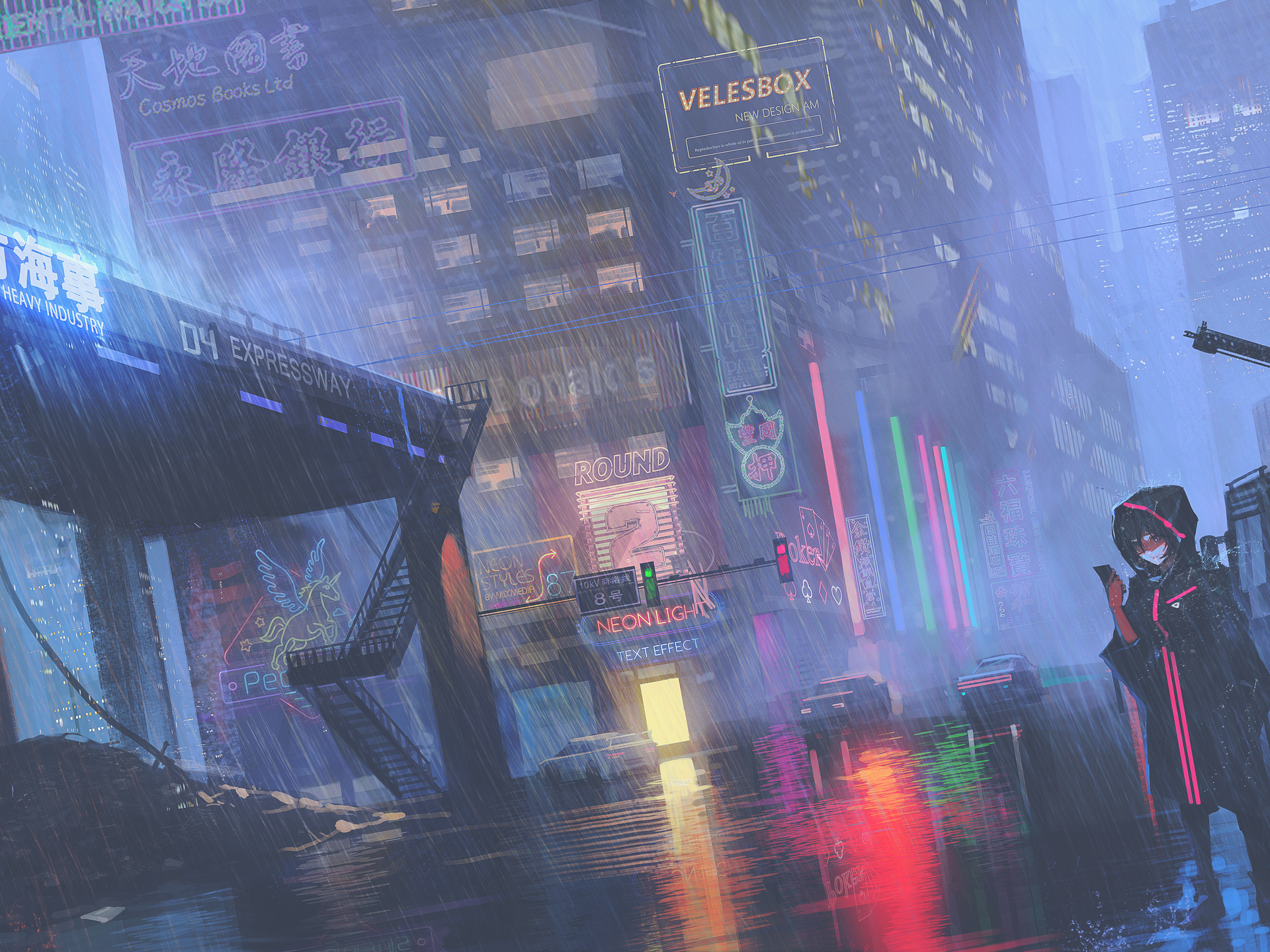 Download Raindrops, Young woman, Anime, Rain, Cyberpunk, Night, City, Neon, Glow Wallpaper in 1920x1440 Resolution
